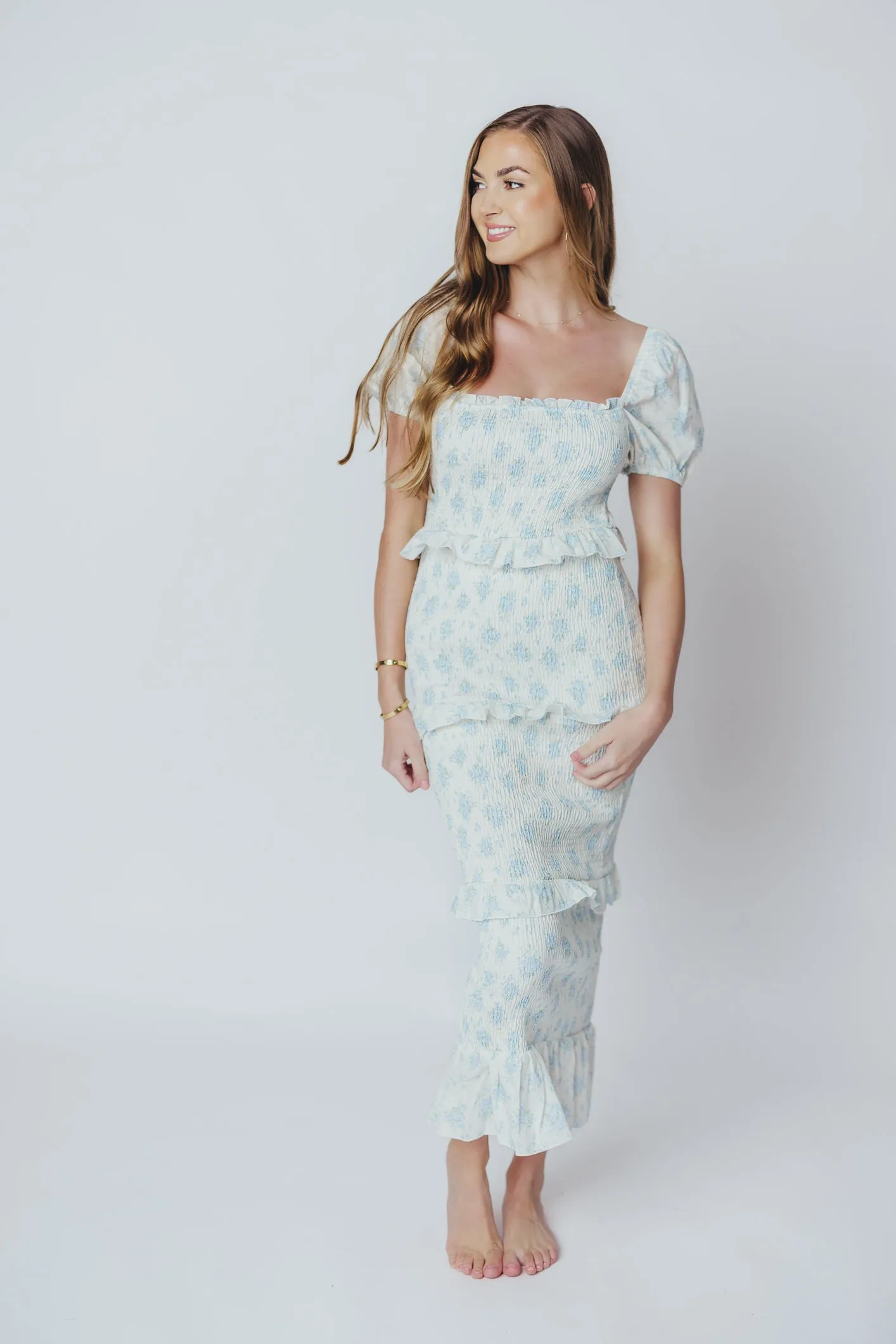 Ada Smocked Dress in Blue Floral - Bump Friendly & Inclusive Sizing (S-3XL) - Restocking End of April