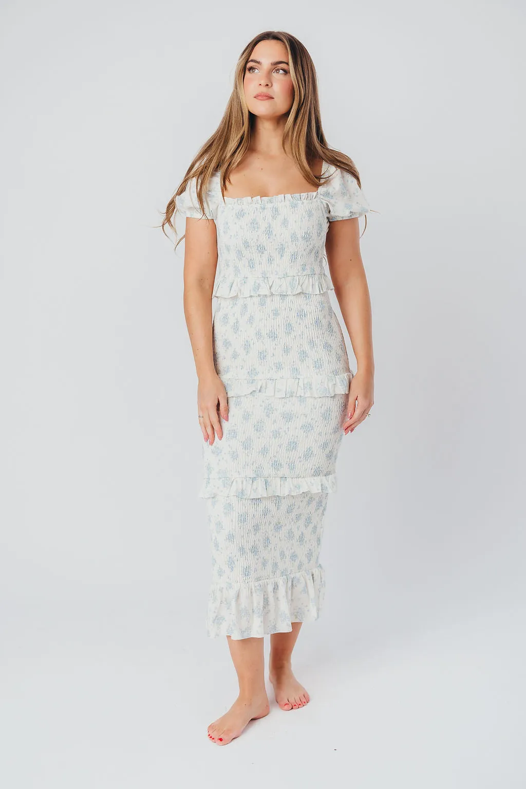 Ada Smocked Dress in Blue Floral - Bump Friendly & Inclusive Sizing (S-3XL) - Restocking End of April