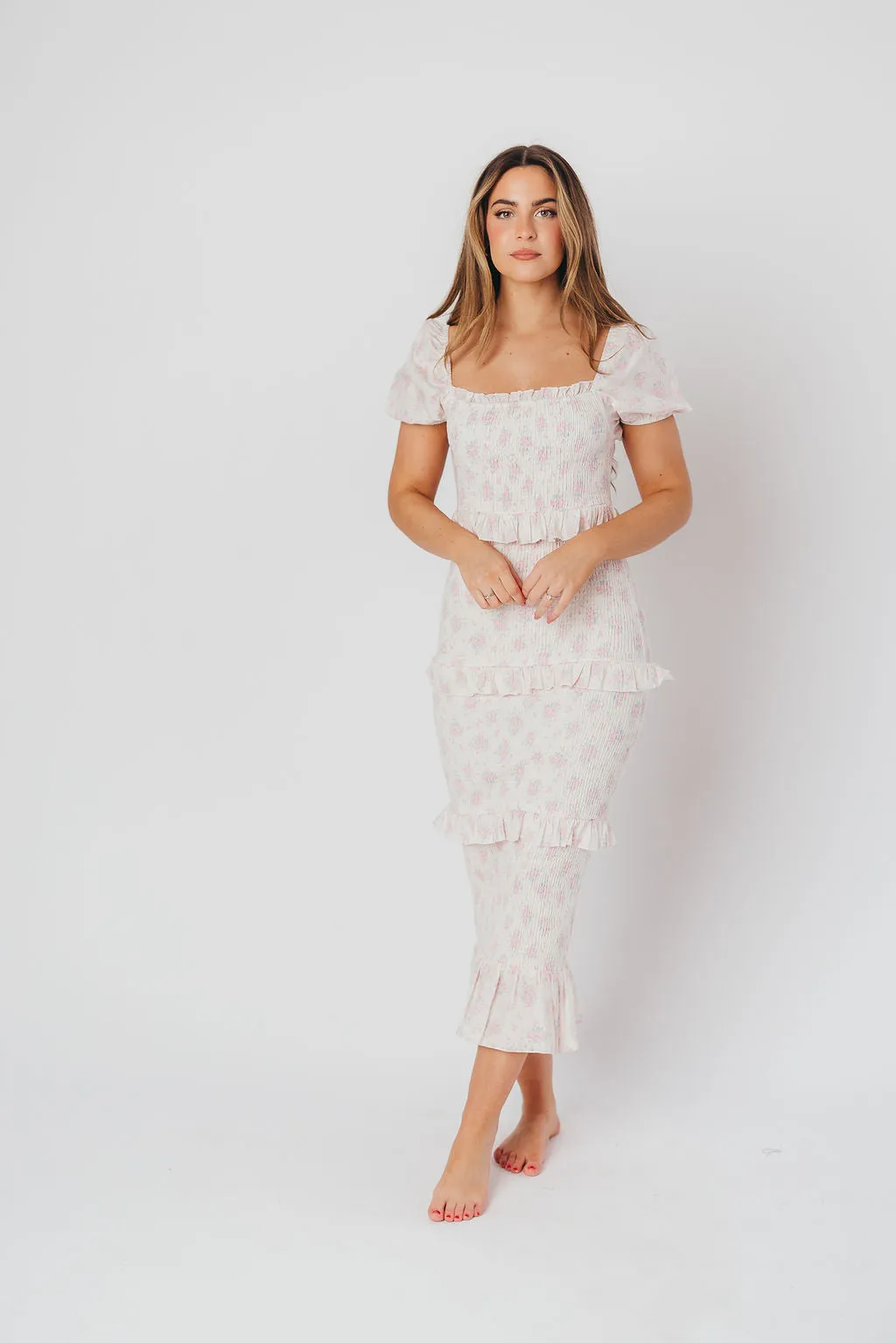 Ada Smocked Dress in Pink Floral - Bump Friendly & Inclusive Sizing (S-3XL) - Restocking End of April