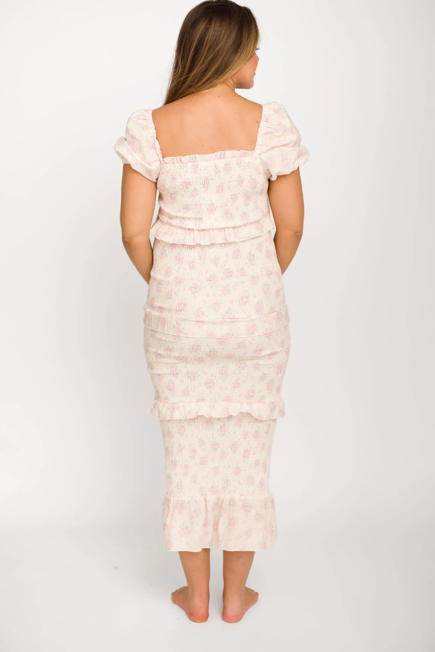 Ada Smocked Dress in Pink Floral - Bump Friendly & Inclusive Sizing (S-3XL) - Restocking End of April