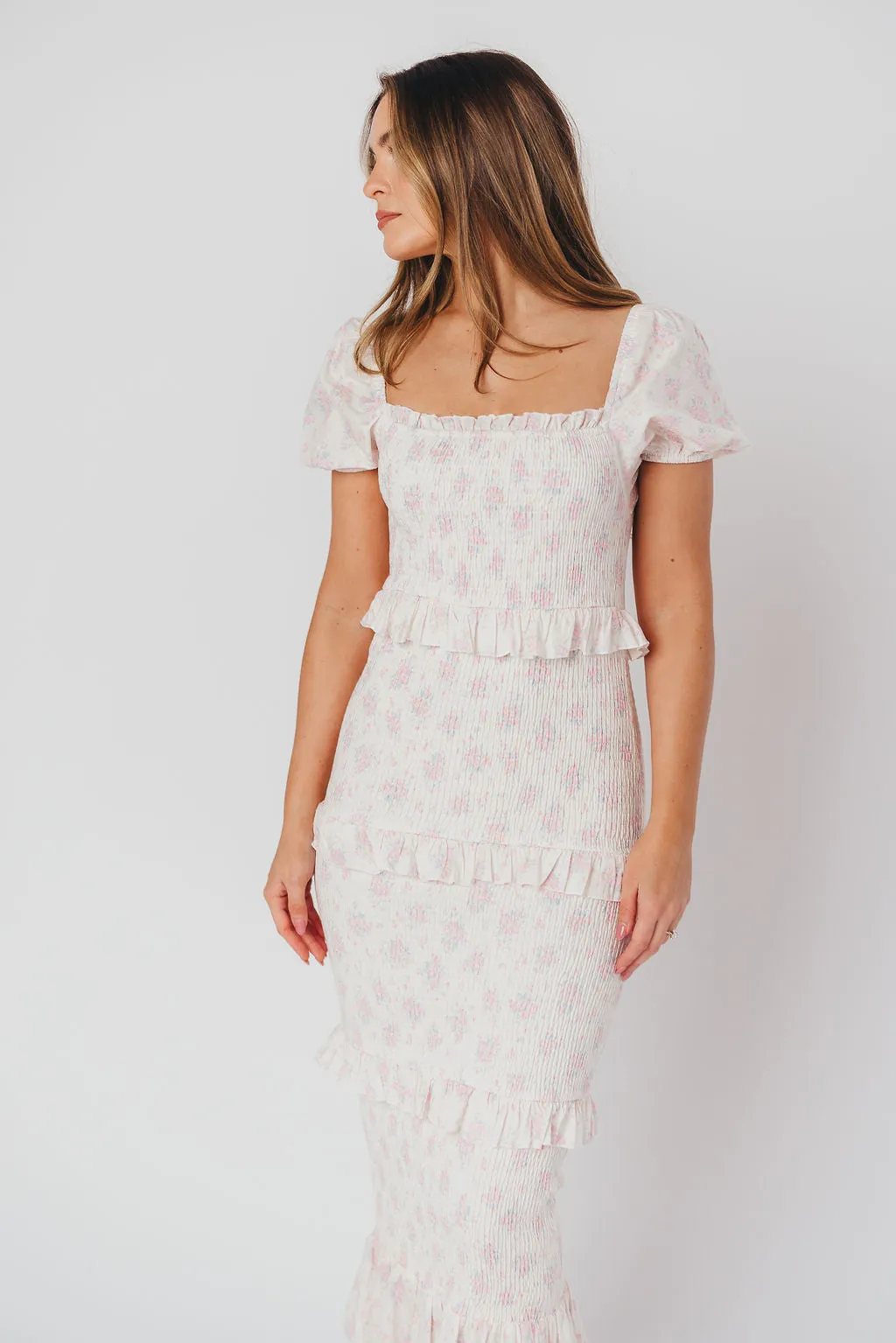 Ada Smocked Dress in Pink Floral - Bump Friendly & Inclusive Sizing (S-3XL) - Restocking End of April