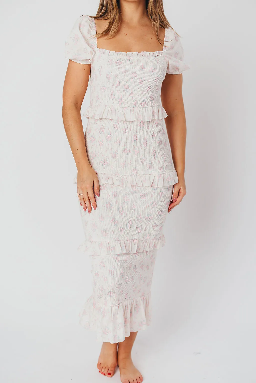 Ada Smocked Dress in Pink Floral - Bump Friendly & Inclusive Sizing (S-3XL) - Restocking End of April