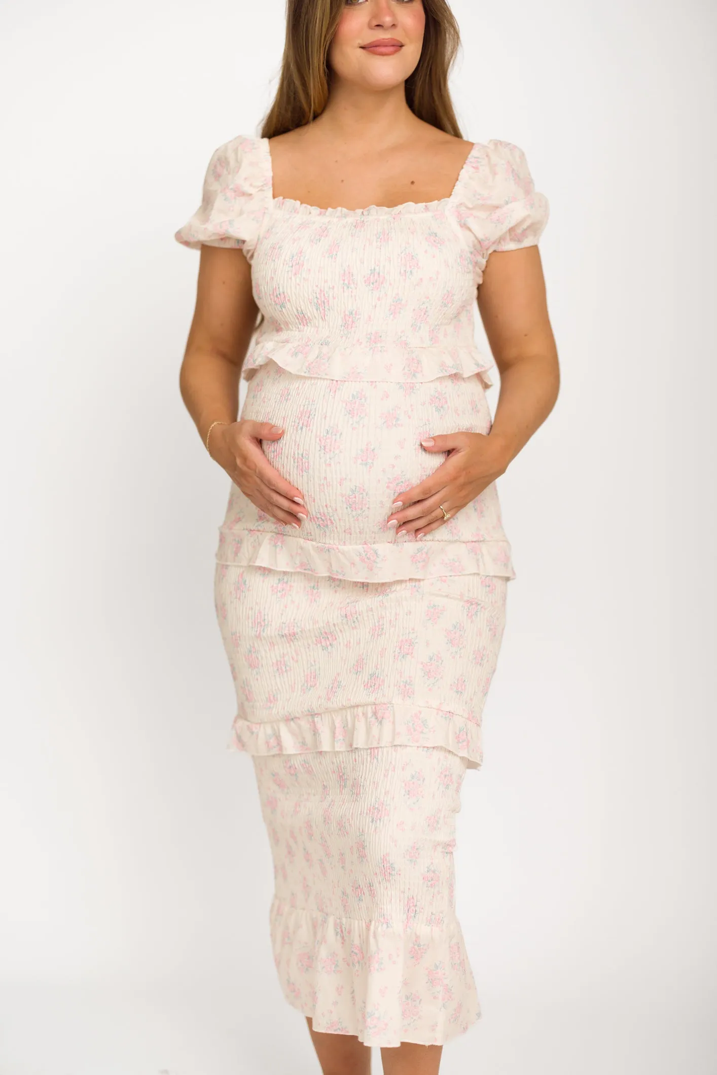 Ada Smocked Dress in Pink Floral - Bump Friendly & Inclusive Sizing (S-3XL) - Restocking End of April