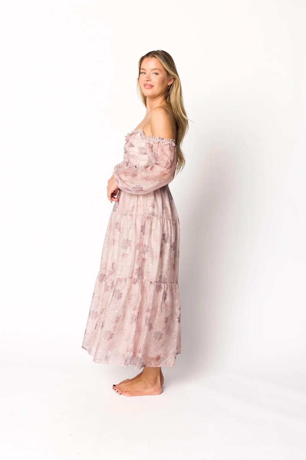 Atlas Rouched Midi Dress in Purple/Blush Floral