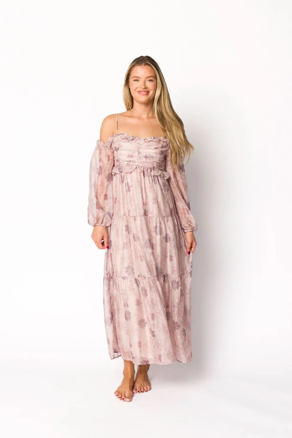 Atlas Rouched Midi Dress in Purple/Blush Floral