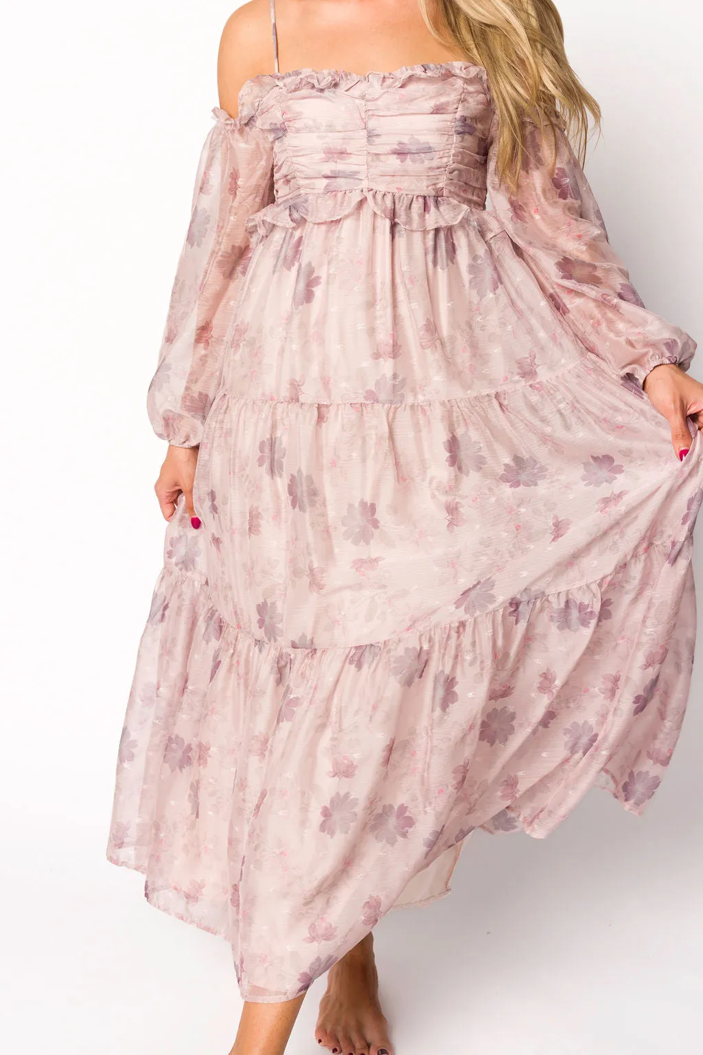 Atlas Rouched Midi Dress in Purple/Blush Floral