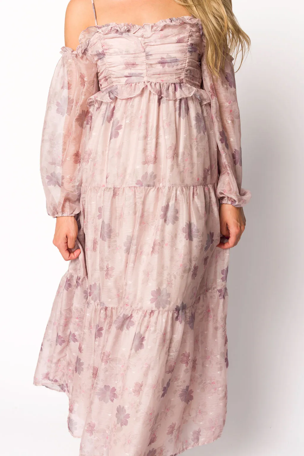 Atlas Rouched Midi Dress in Purple/Blush Floral