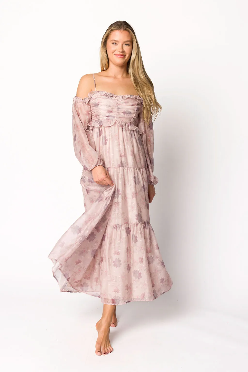 Atlas Rouched Midi Dress in Purple/Blush Floral