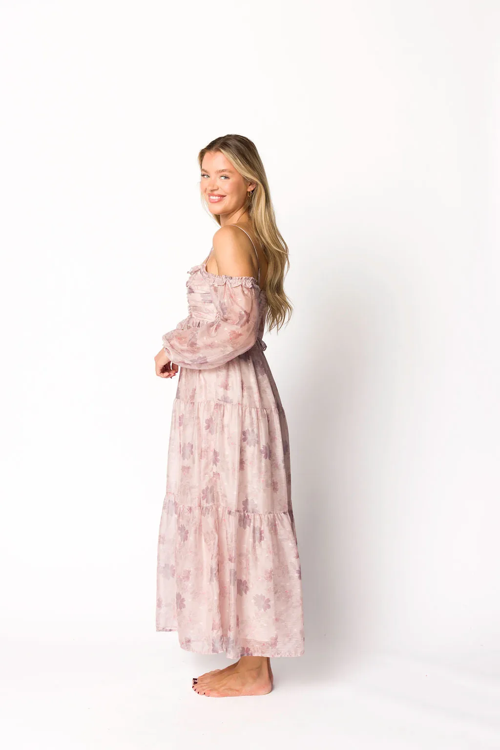 Atlas Rouched Midi Dress in Purple/Blush Floral