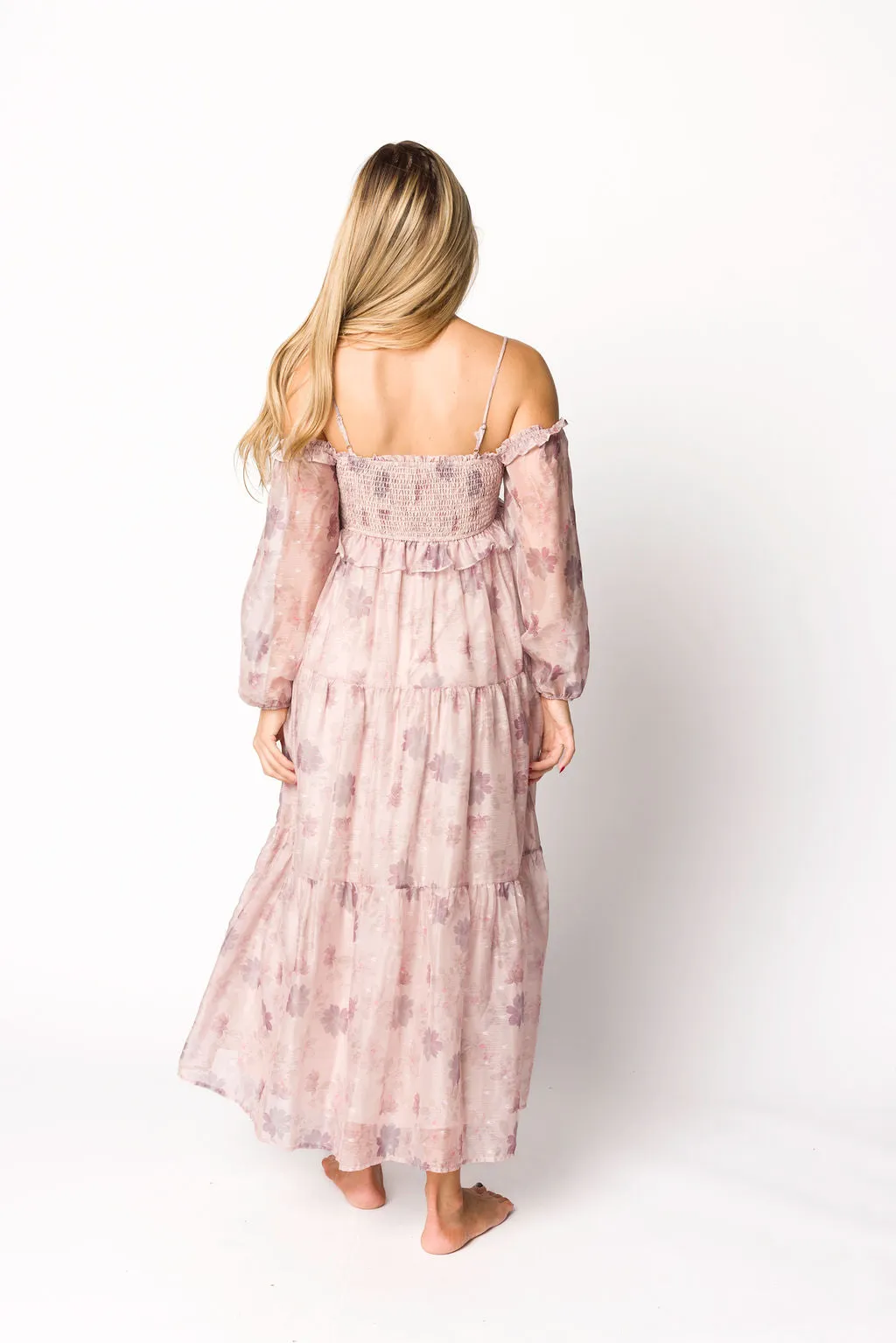 Atlas Rouched Midi Dress in Purple/Blush Floral
