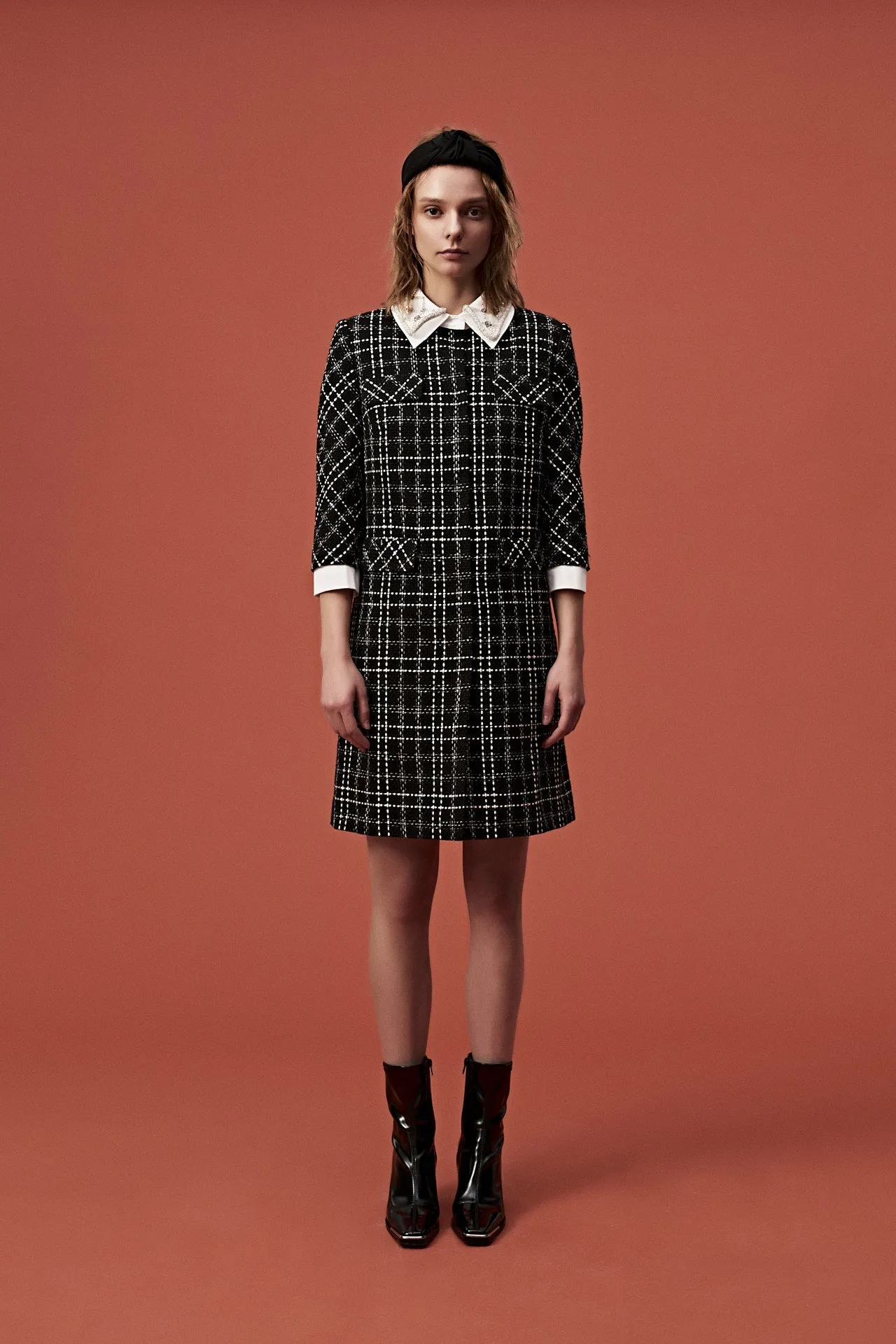 Beaded White Lapel Black Tweed Dress