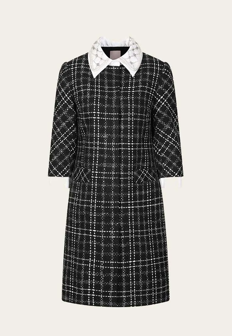 Beaded White Lapel Black Tweed Dress