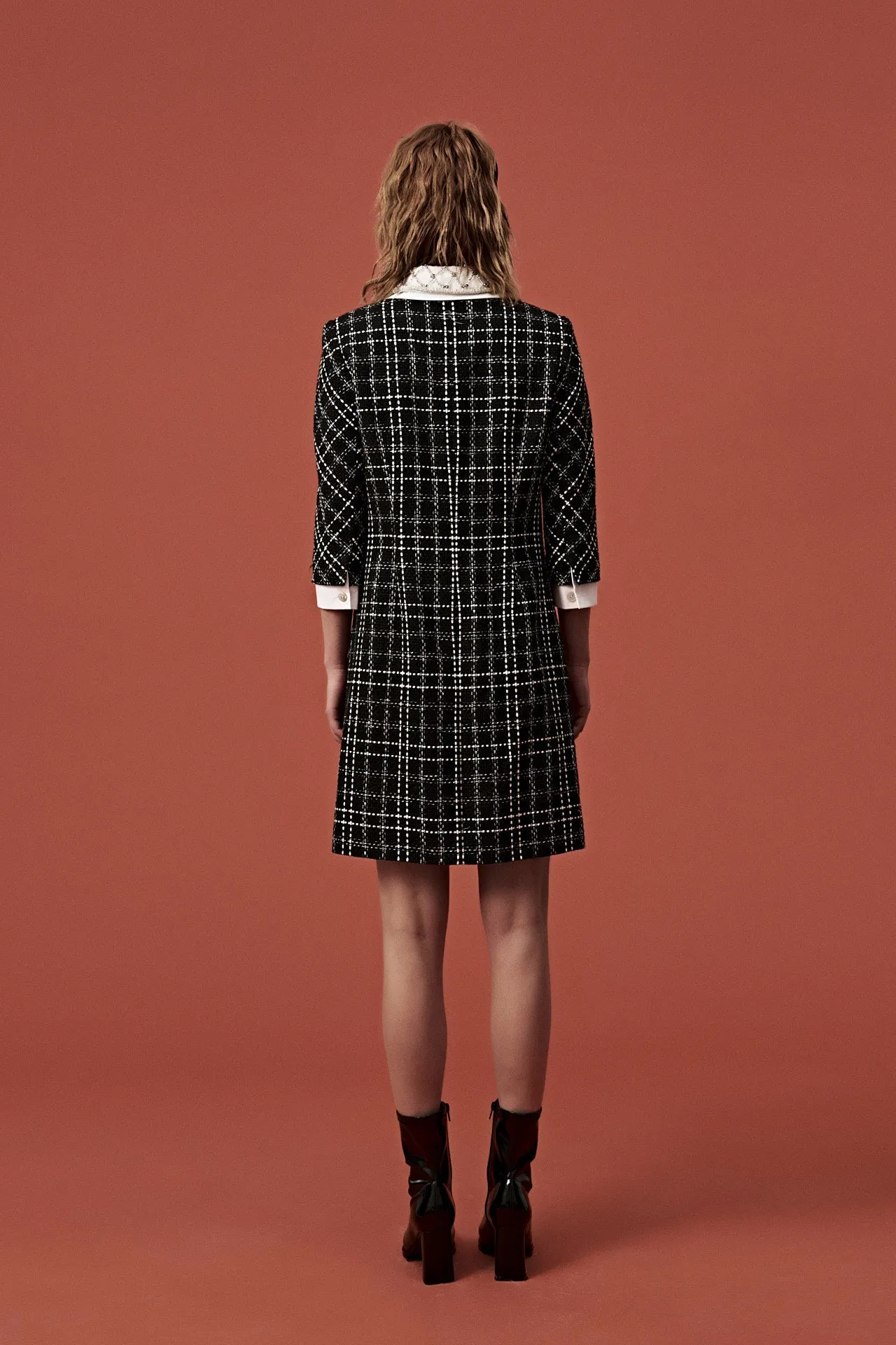 Beaded White Lapel Black Tweed Dress