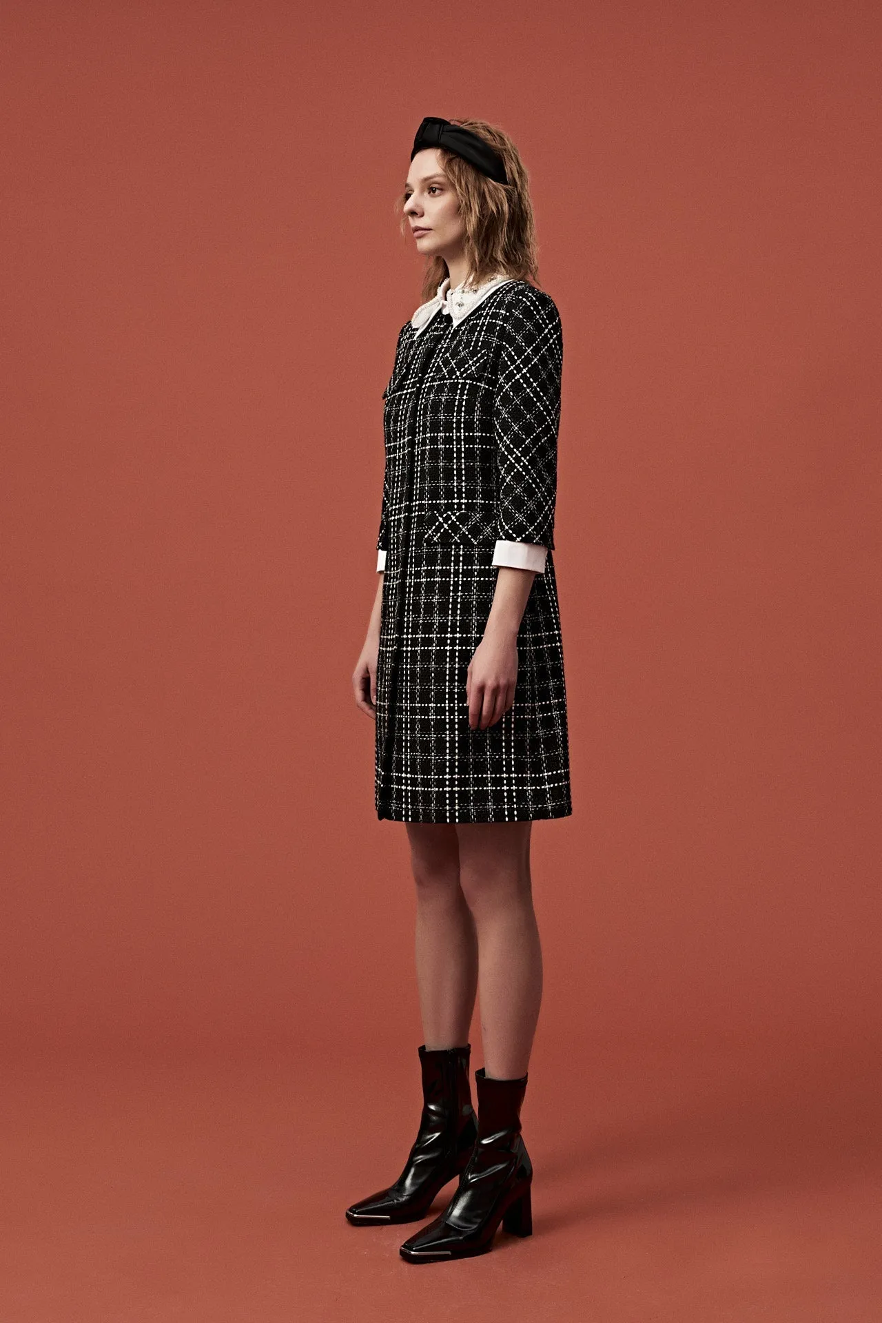 Beaded White Lapel Black Tweed Dress