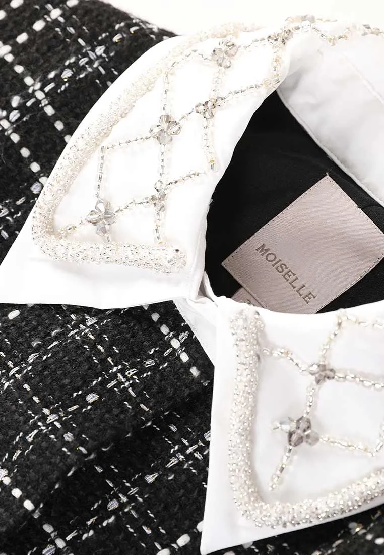 Beaded White Lapel Black Tweed Dress