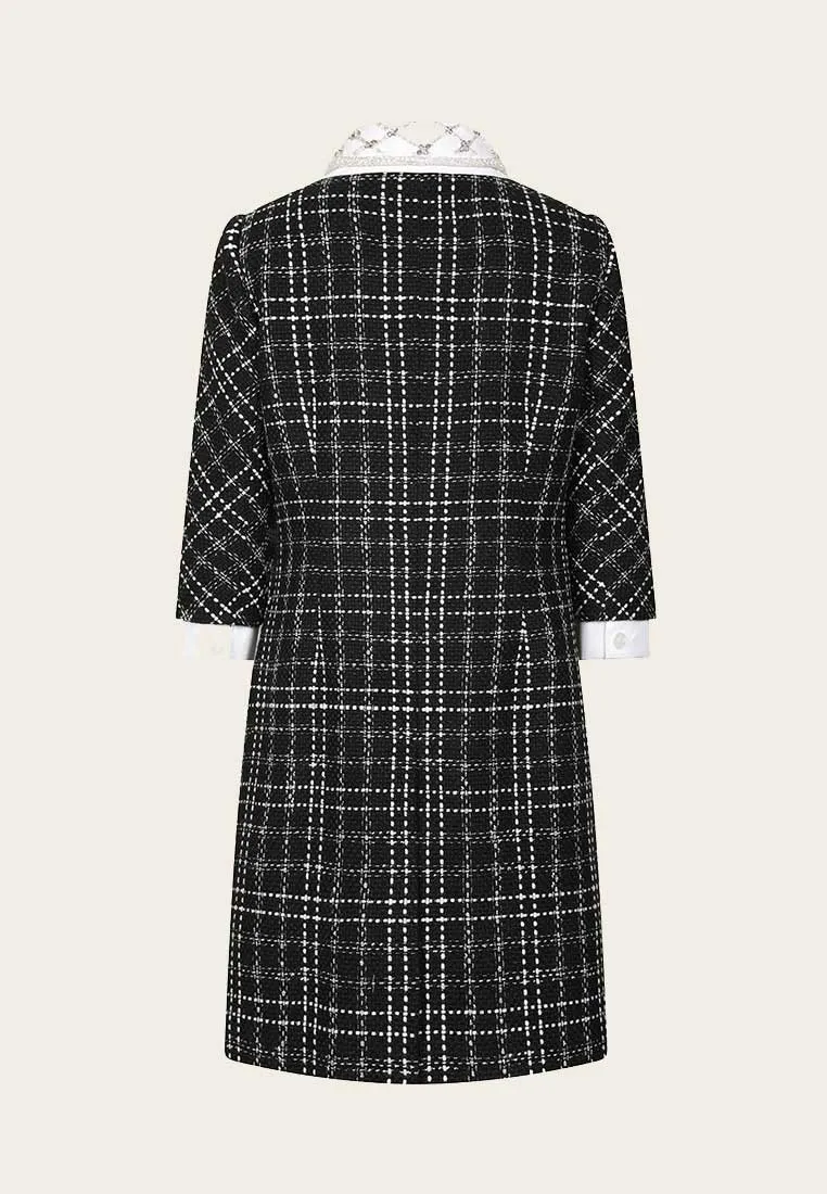 Beaded White Lapel Black Tweed Dress