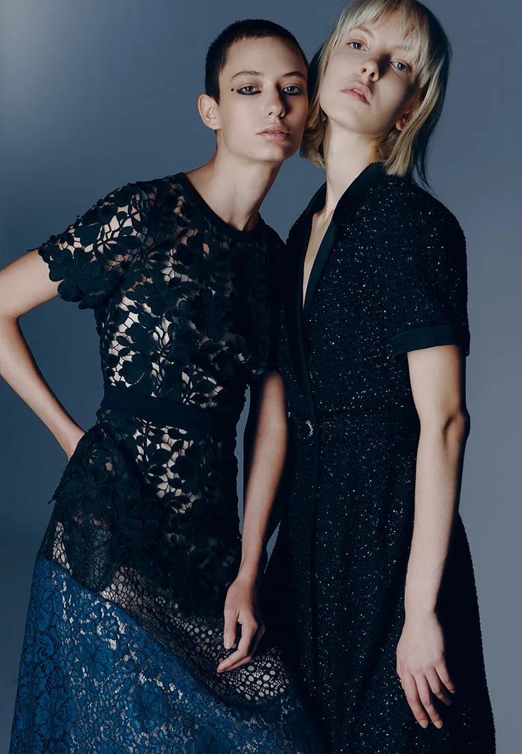 Belt-detail Black Tweed Lapel Dress