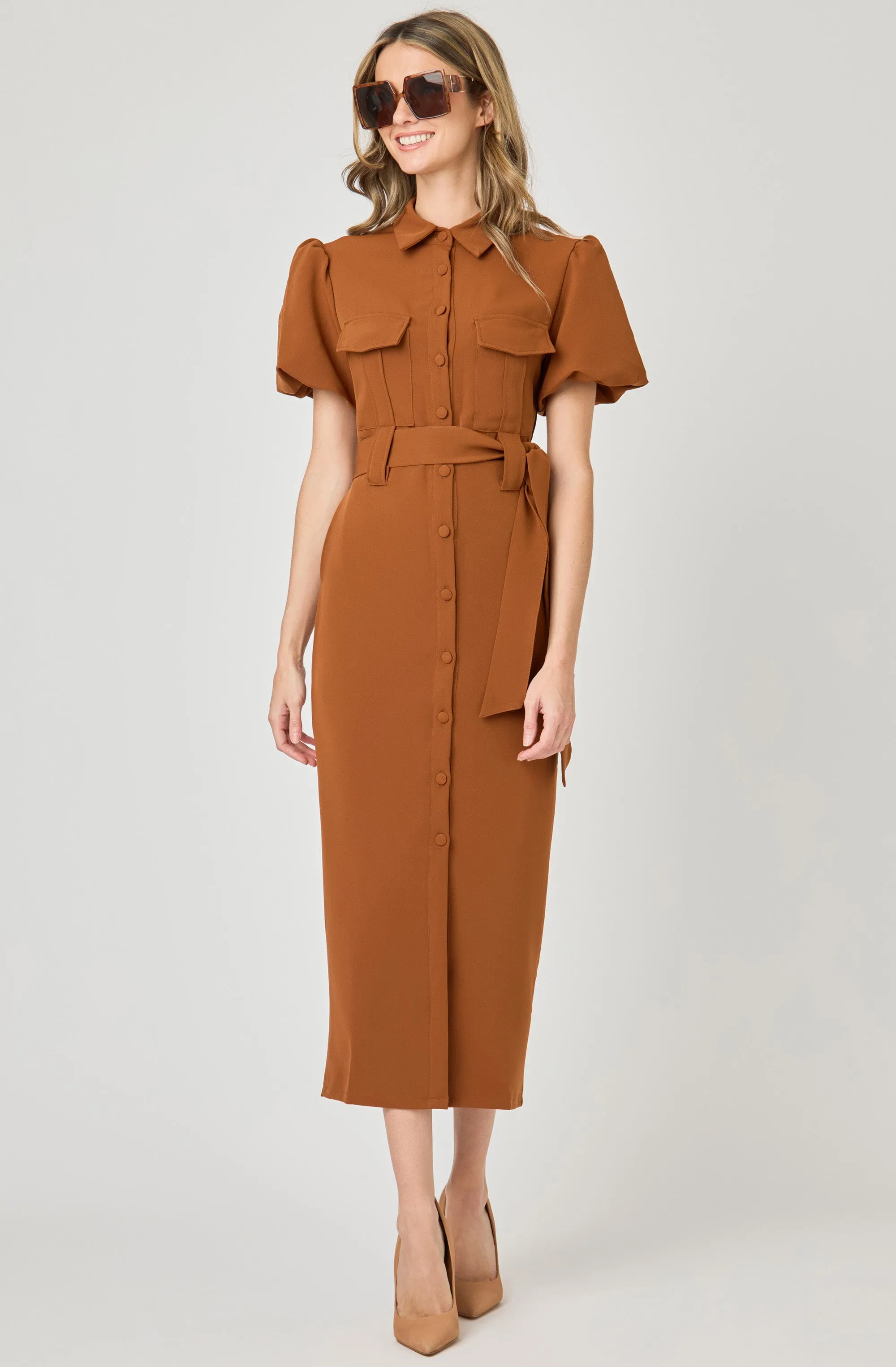 Belted Button-Front Dress