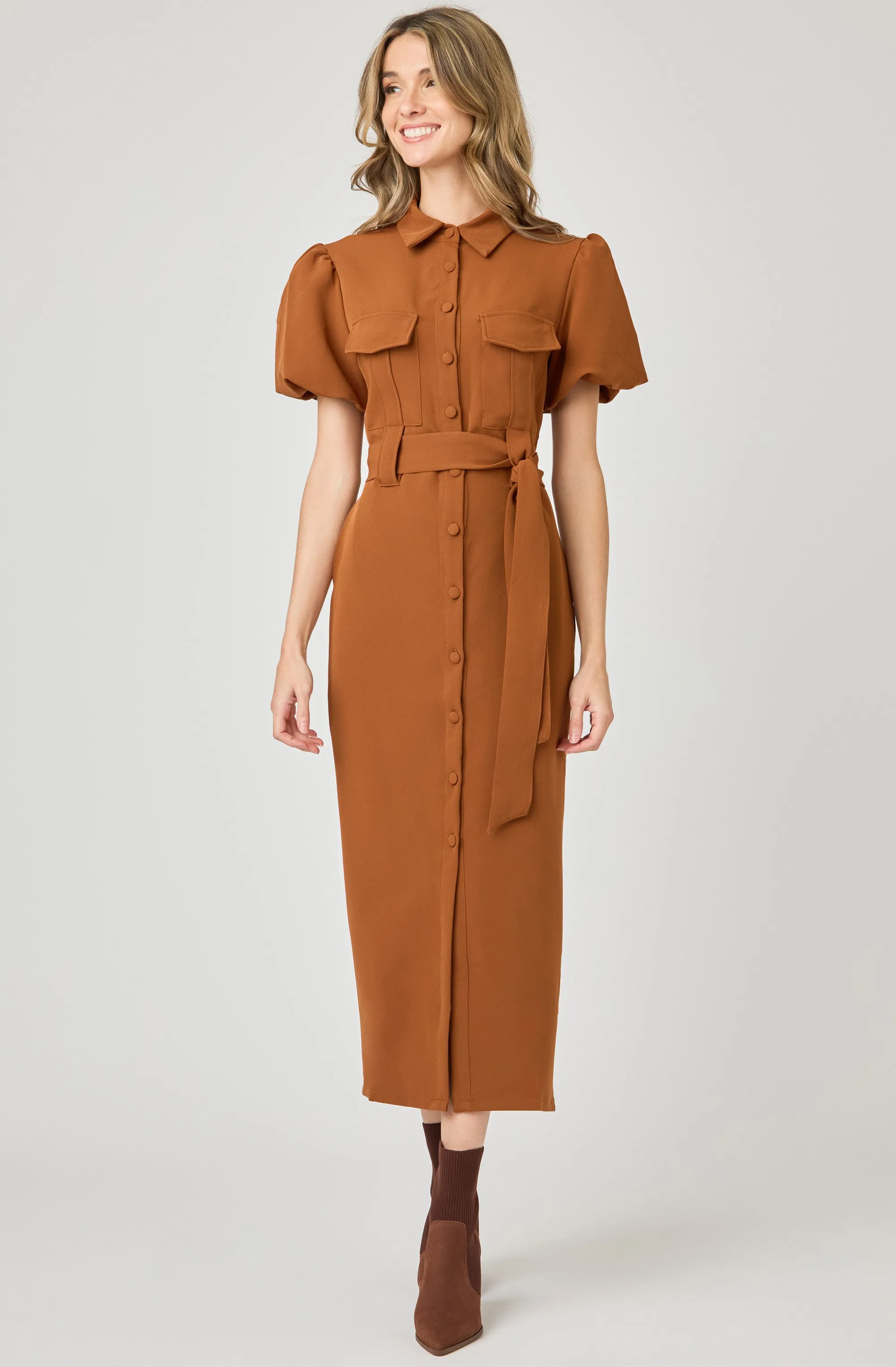 Belted Button-Front Dress