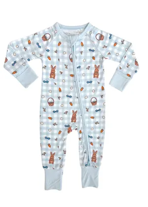 Blue Gingham Bunny Zipper Romper