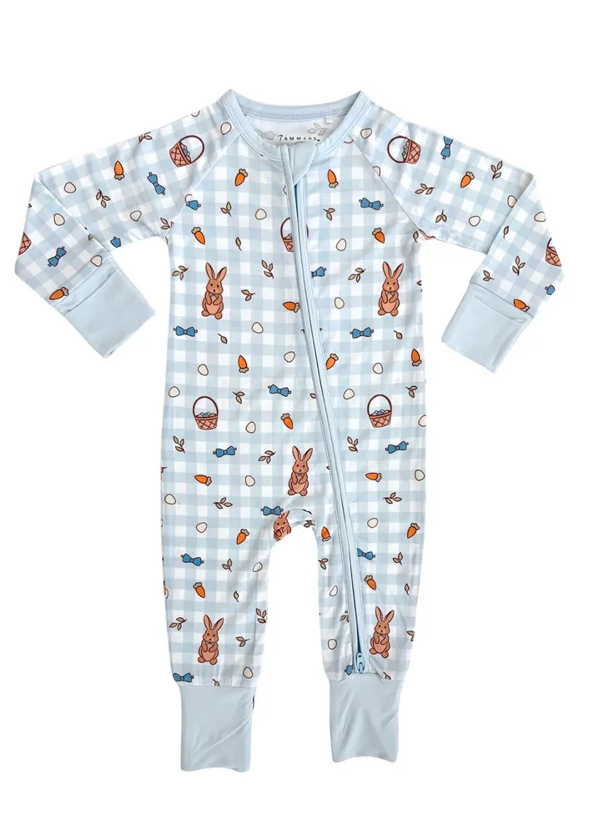 Blue Gingham Bunny Zipper Romper