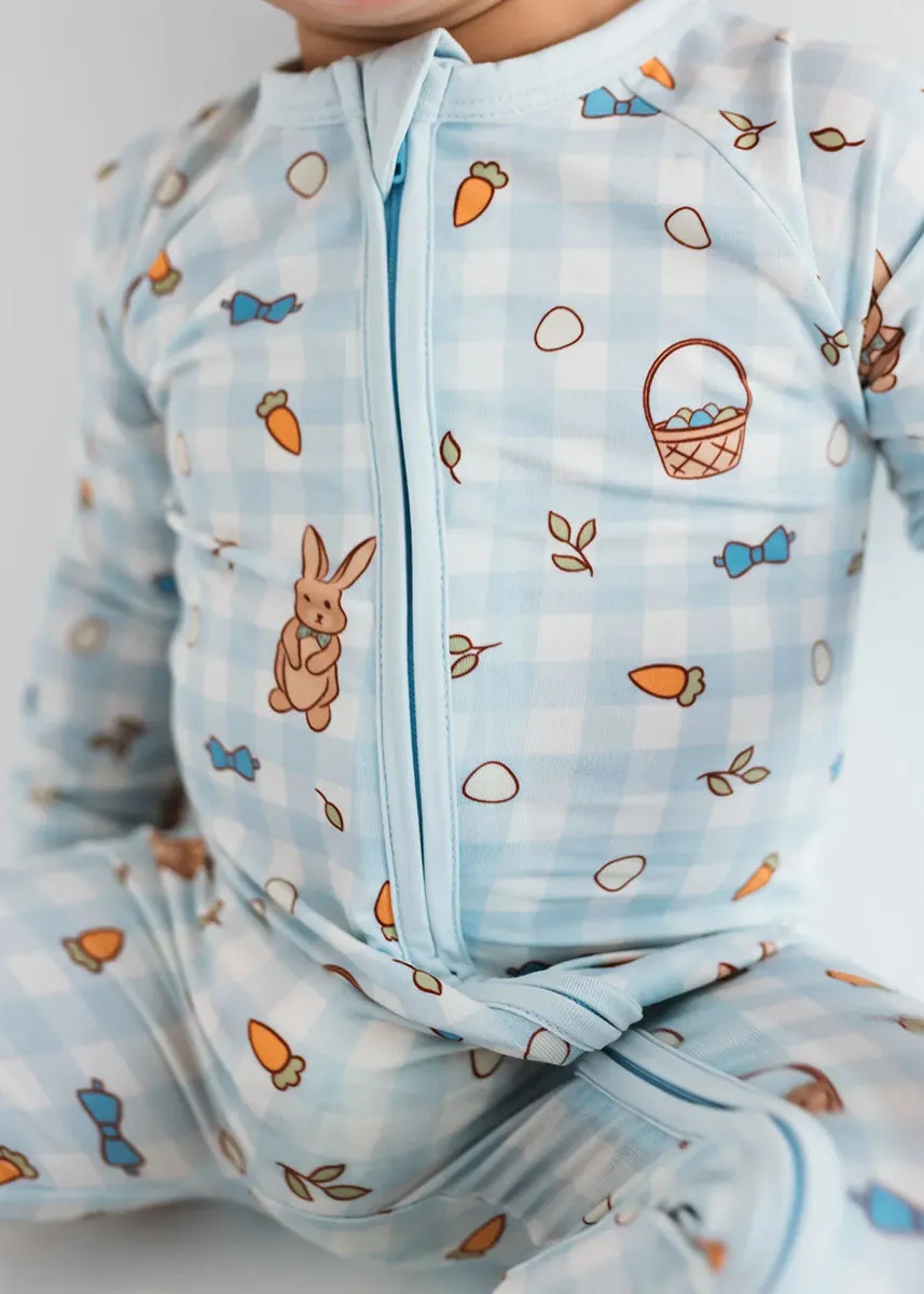 Blue Gingham Bunny Zipper Romper
