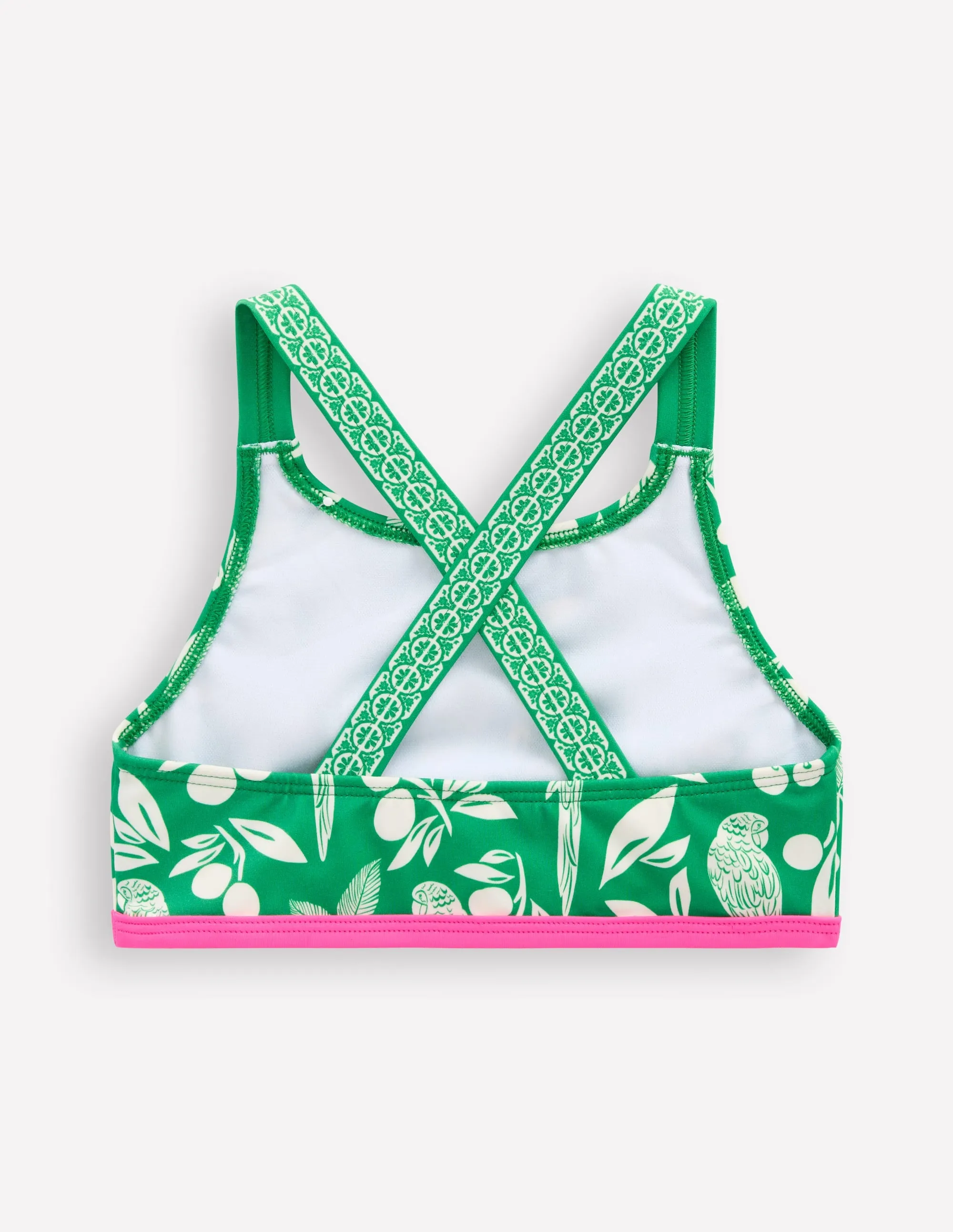 Cross-back Bikini Top-Rich Emerald Parrot Palm