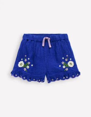 Double Cloth Frill Hem Shorts-Bright Blue Embroidered