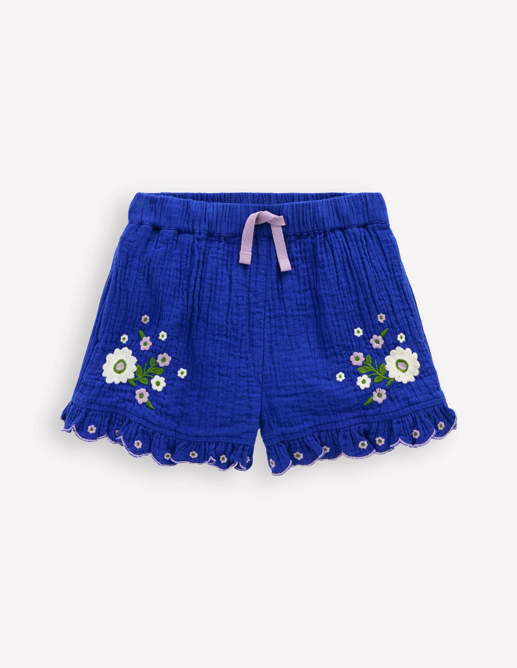 Double Cloth Frill Hem Shorts-Bright Blue Embroidered