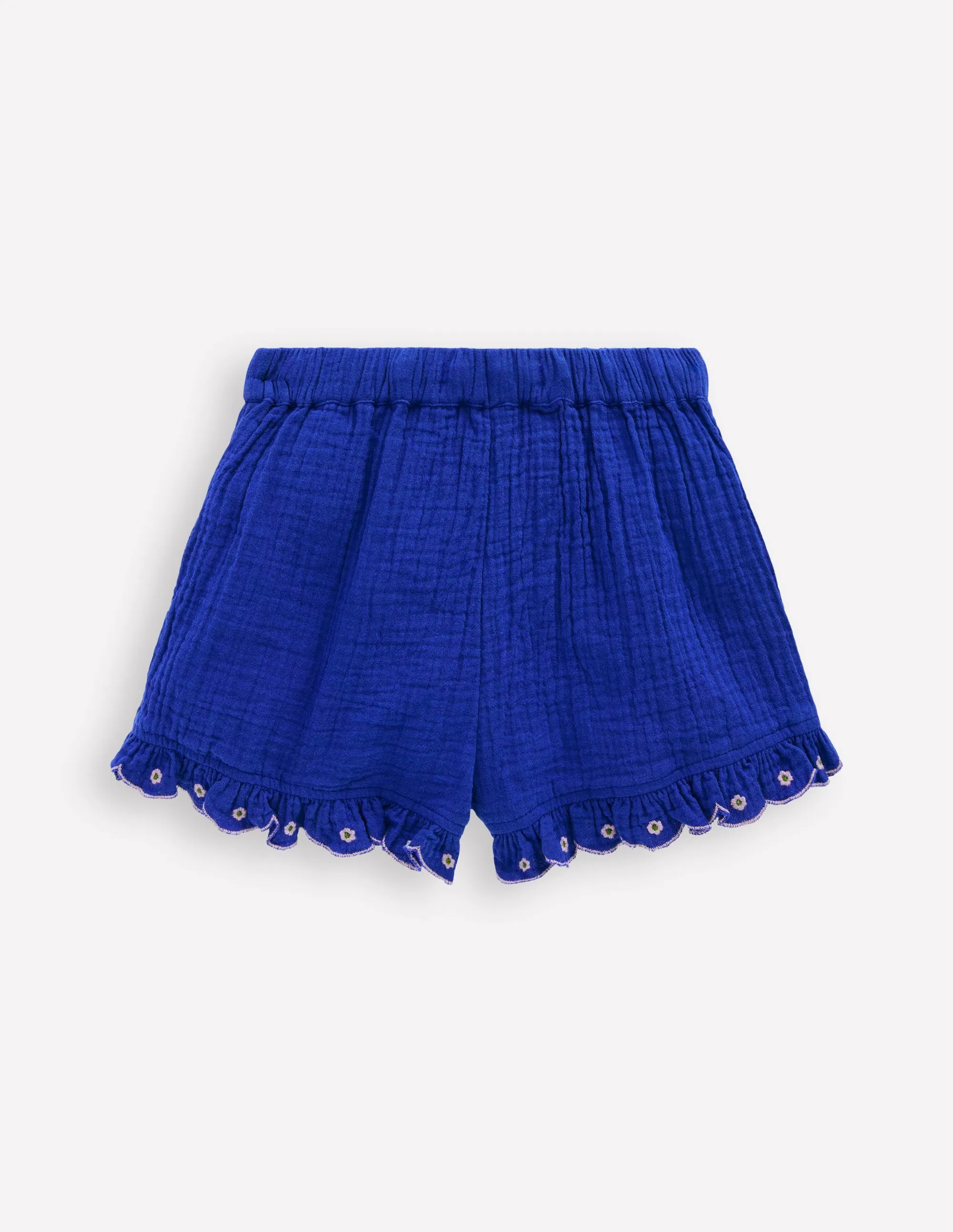 Double Cloth Frill Hem Shorts-Bright Blue Embroidered
