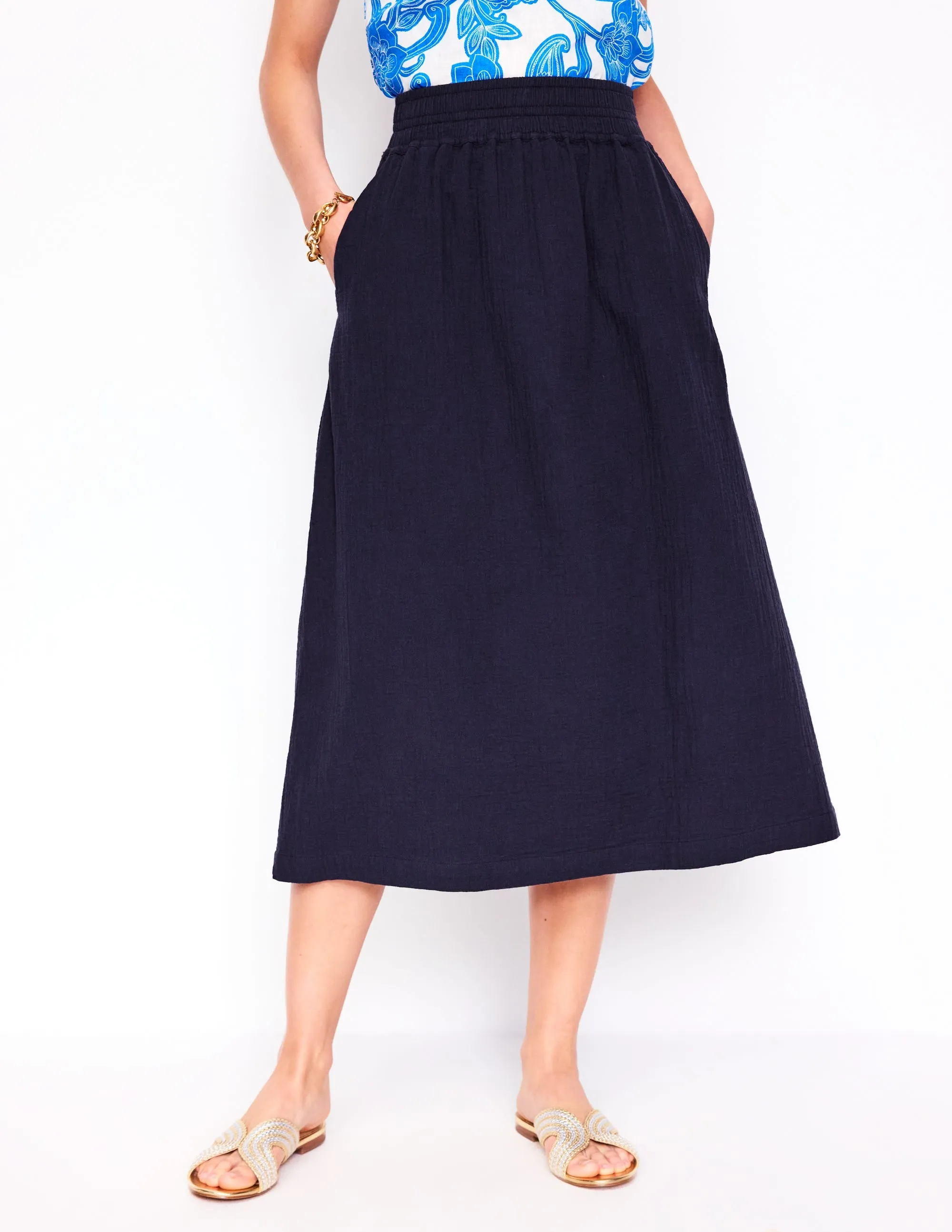 Double Cloth Smocked Skirt-Navy