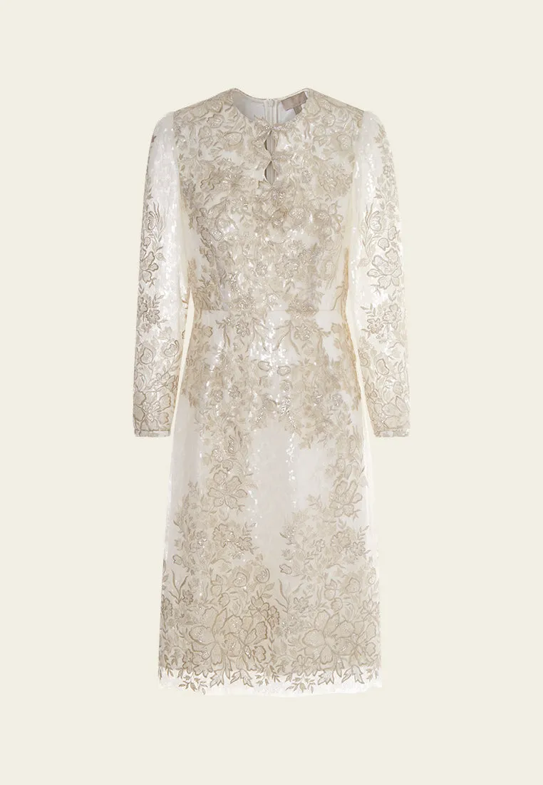 Double Key-hole Lurex Embroidery Mesh Dress
