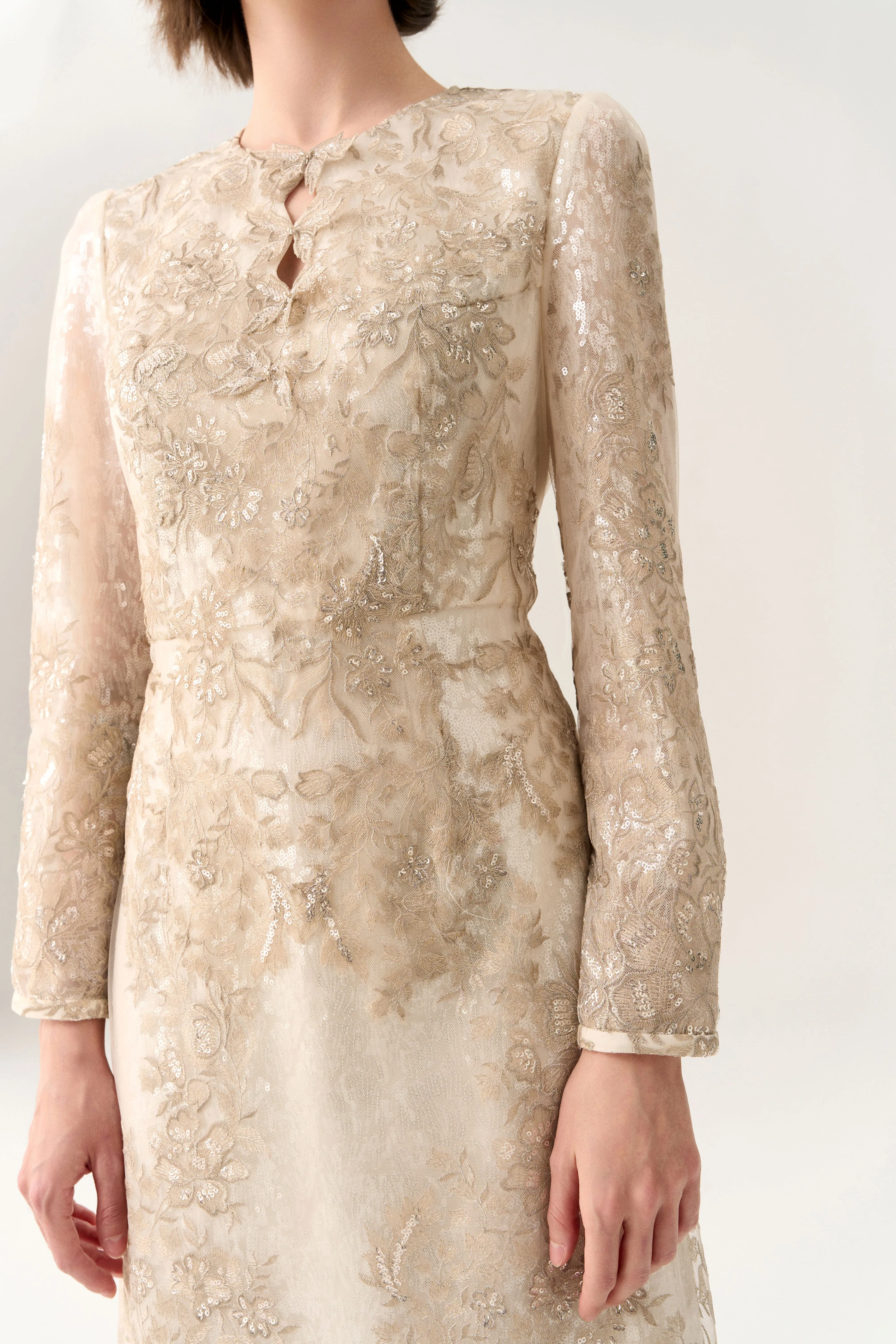 Double Key-hole Lurex Embroidery Mesh Dress