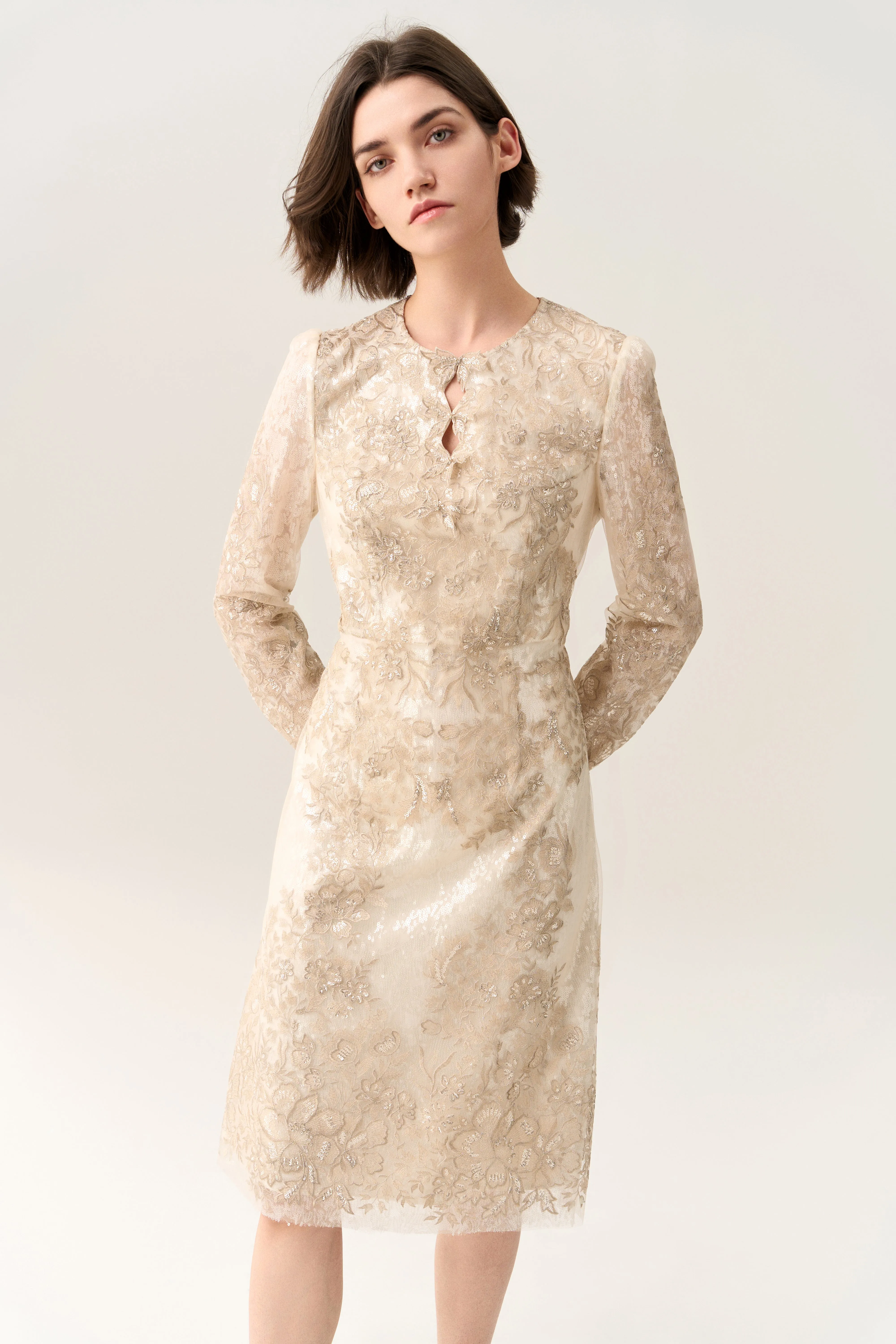 Double Key-hole Lurex Embroidery Mesh Dress