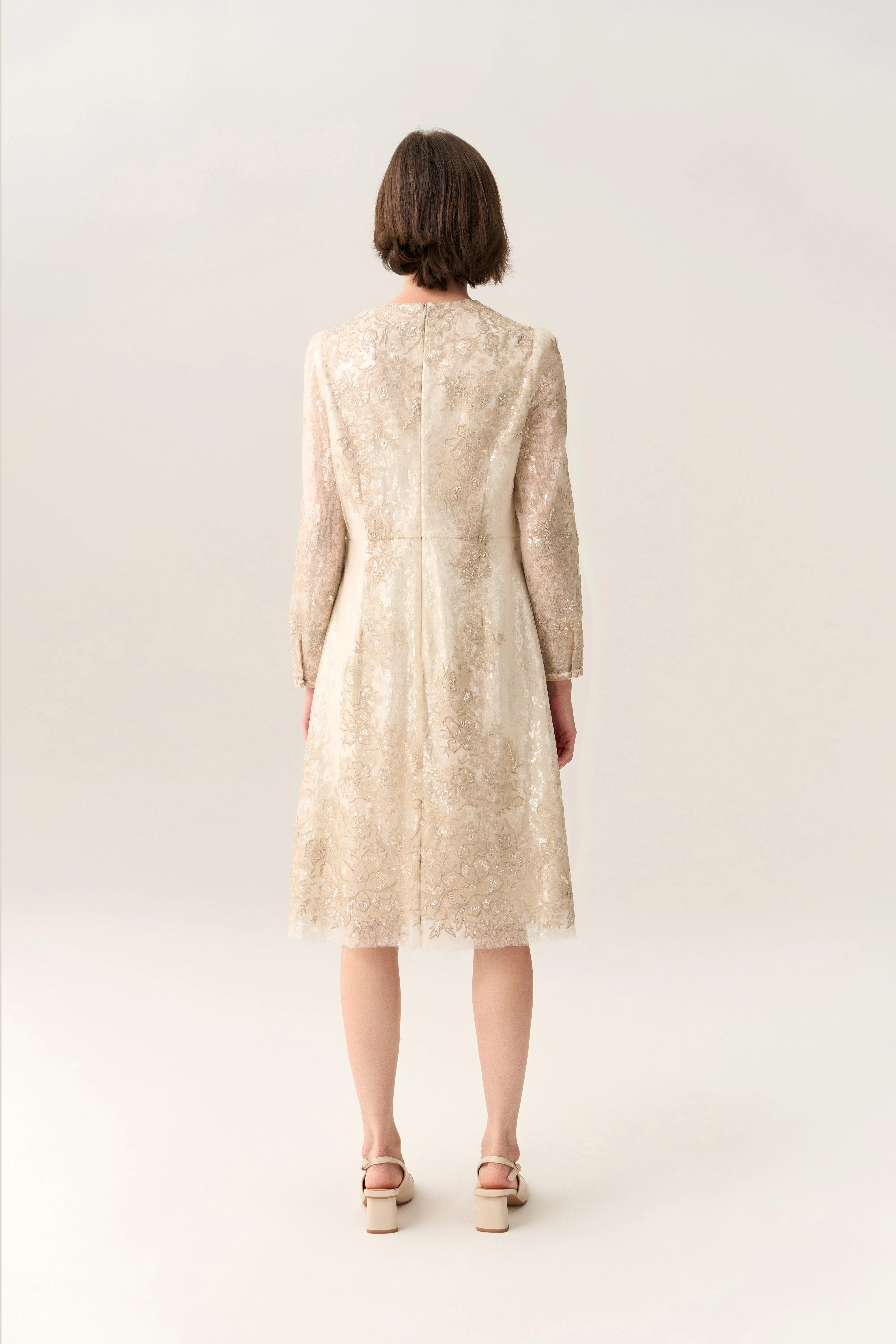 Double Key-hole Lurex Embroidery Mesh Dress