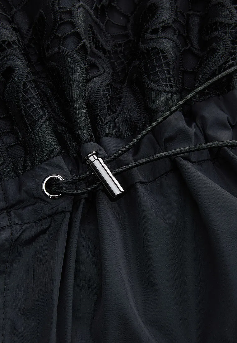 Drawstring-waist Lace-detail Parka Dress