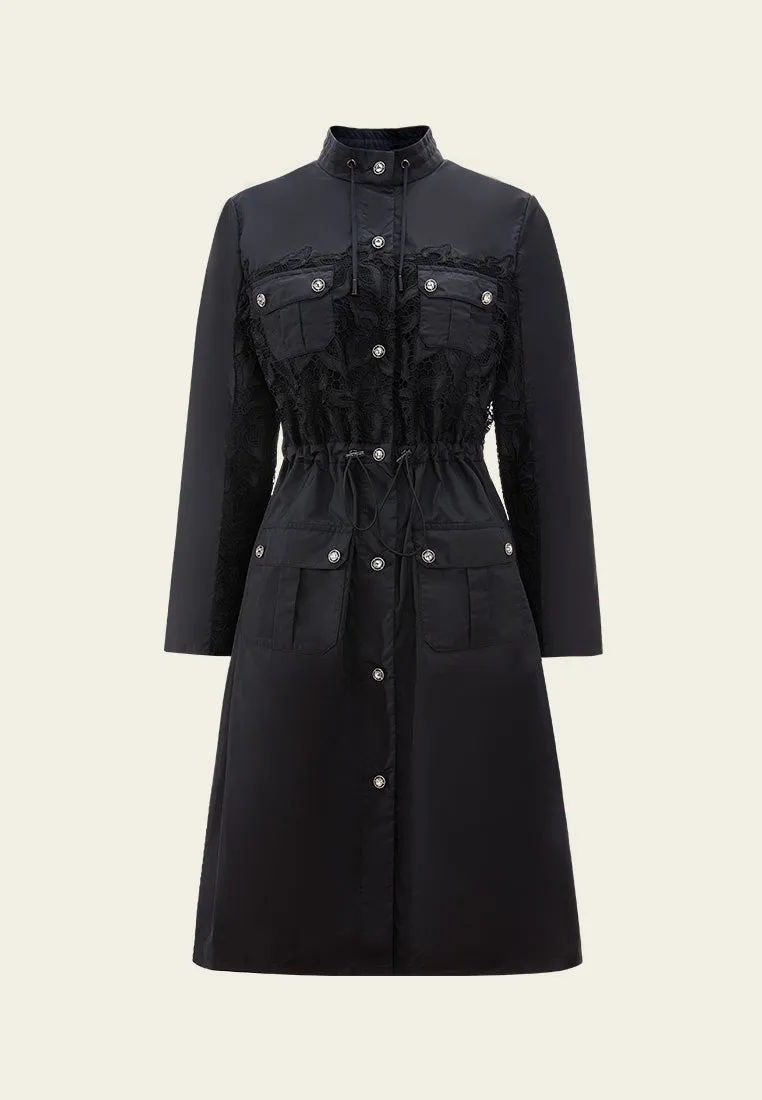 Drawstring-waist Lace-detail Parka Dress