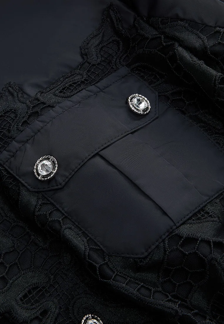 Drawstring-waist Lace-detail Parka Dress