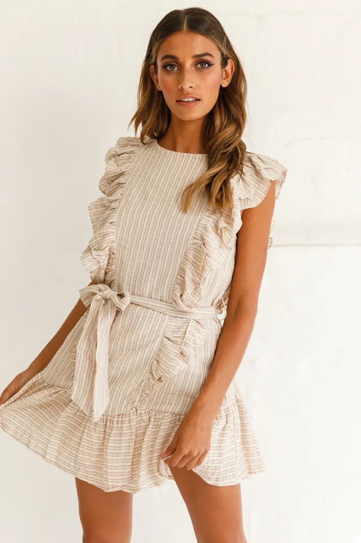 Easy Breezy Sleeveless Swing Dress Stripe Print Beige