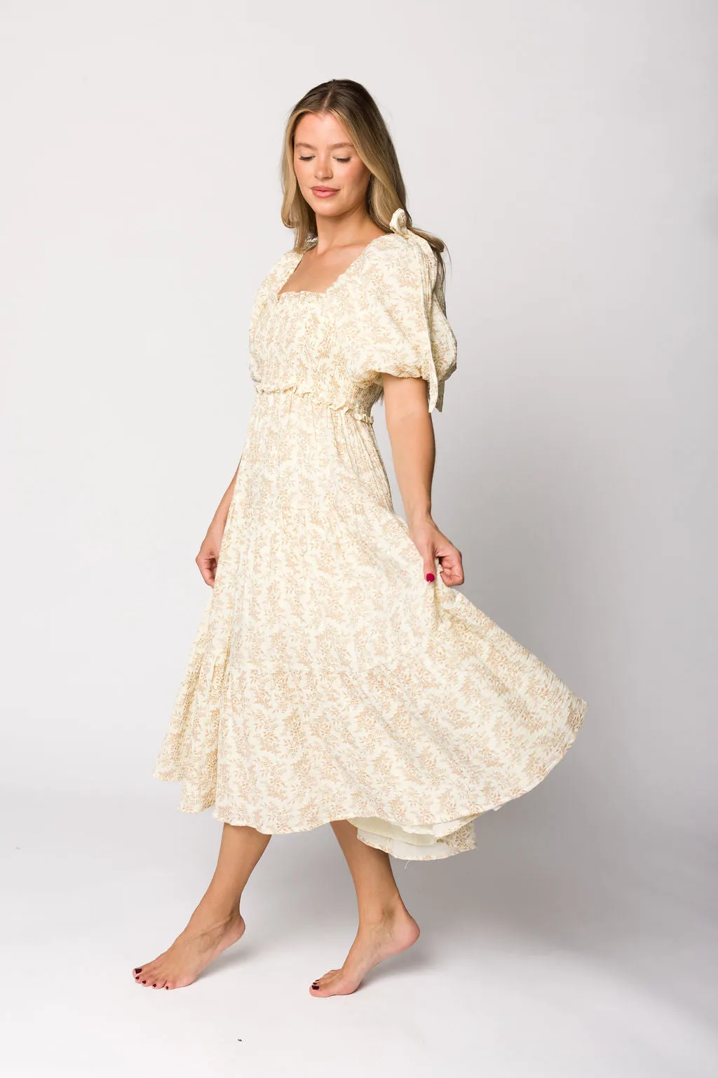 Elena 100% Cotton Toile Print Smocked Midi Dress in Light Brown- Bump Friendly