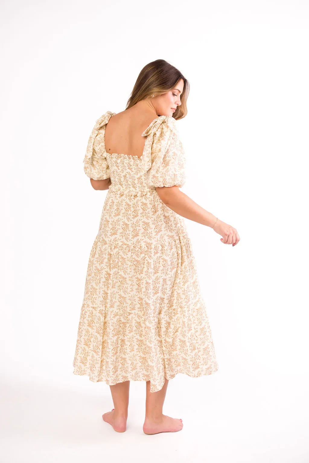 Elena 100% Cotton Toile Print Smocked Midi Dress in Light Brown- Bump Friendly