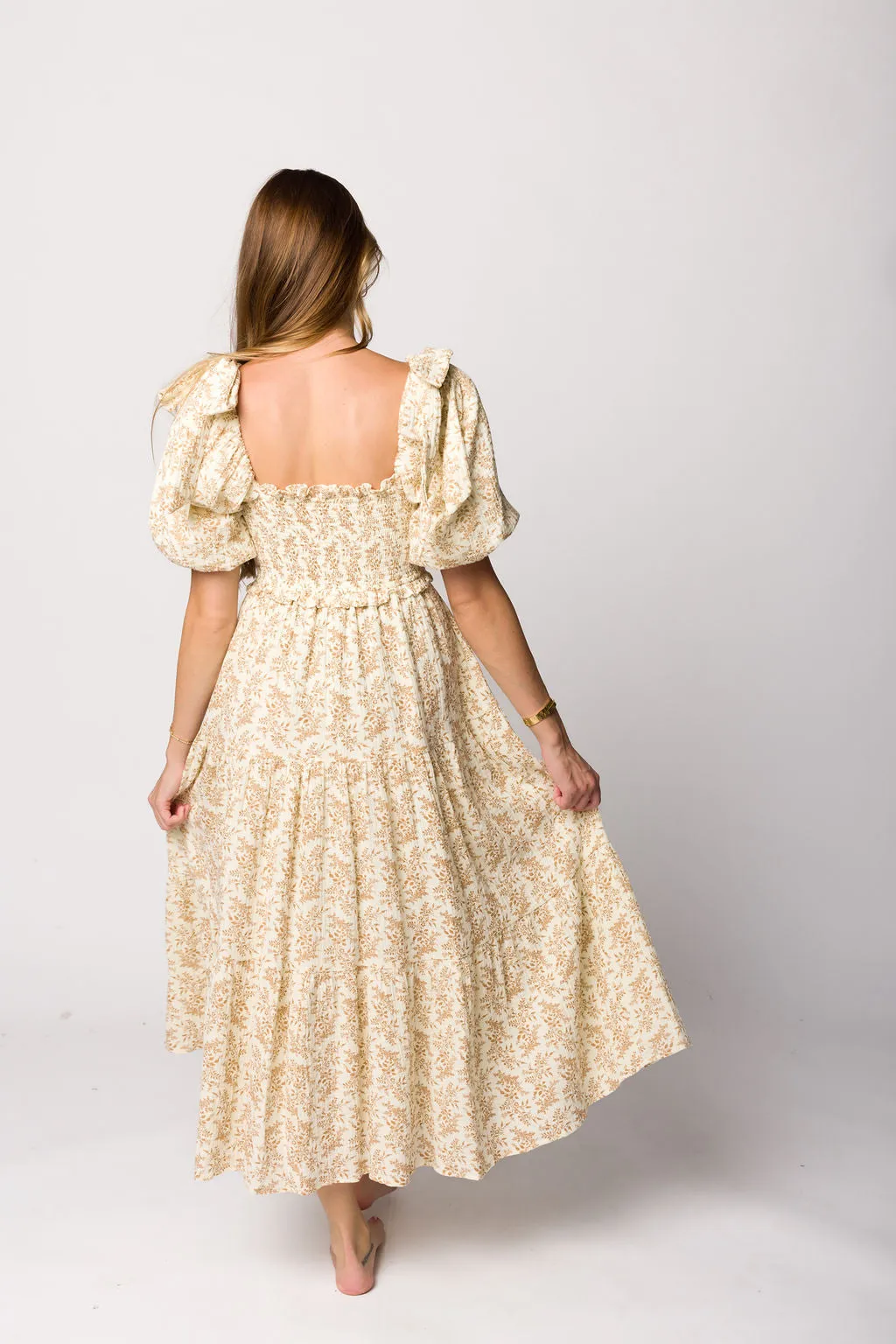 Elena 100% Cotton Toile Print Smocked Midi Dress in Light Brown- Bump Friendly