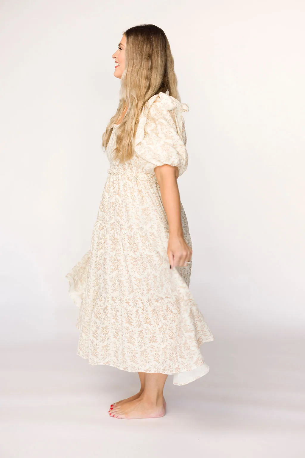 Elena 100% Cotton Toile Print Smocked Midi Dress in Light Brown- Bump Friendly