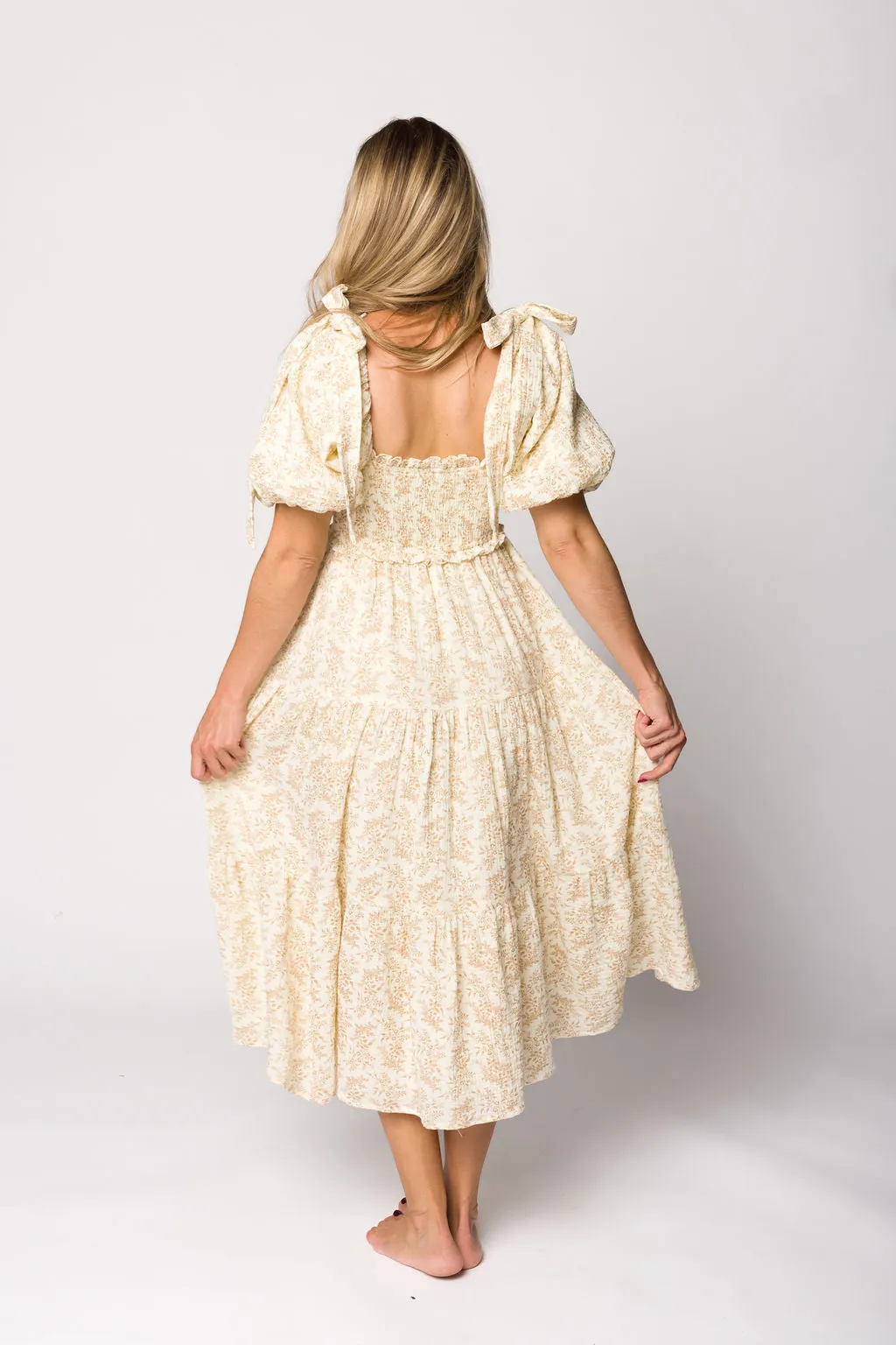 Elena 100% Cotton Toile Print Smocked Midi Dress in Light Brown- Bump Friendly