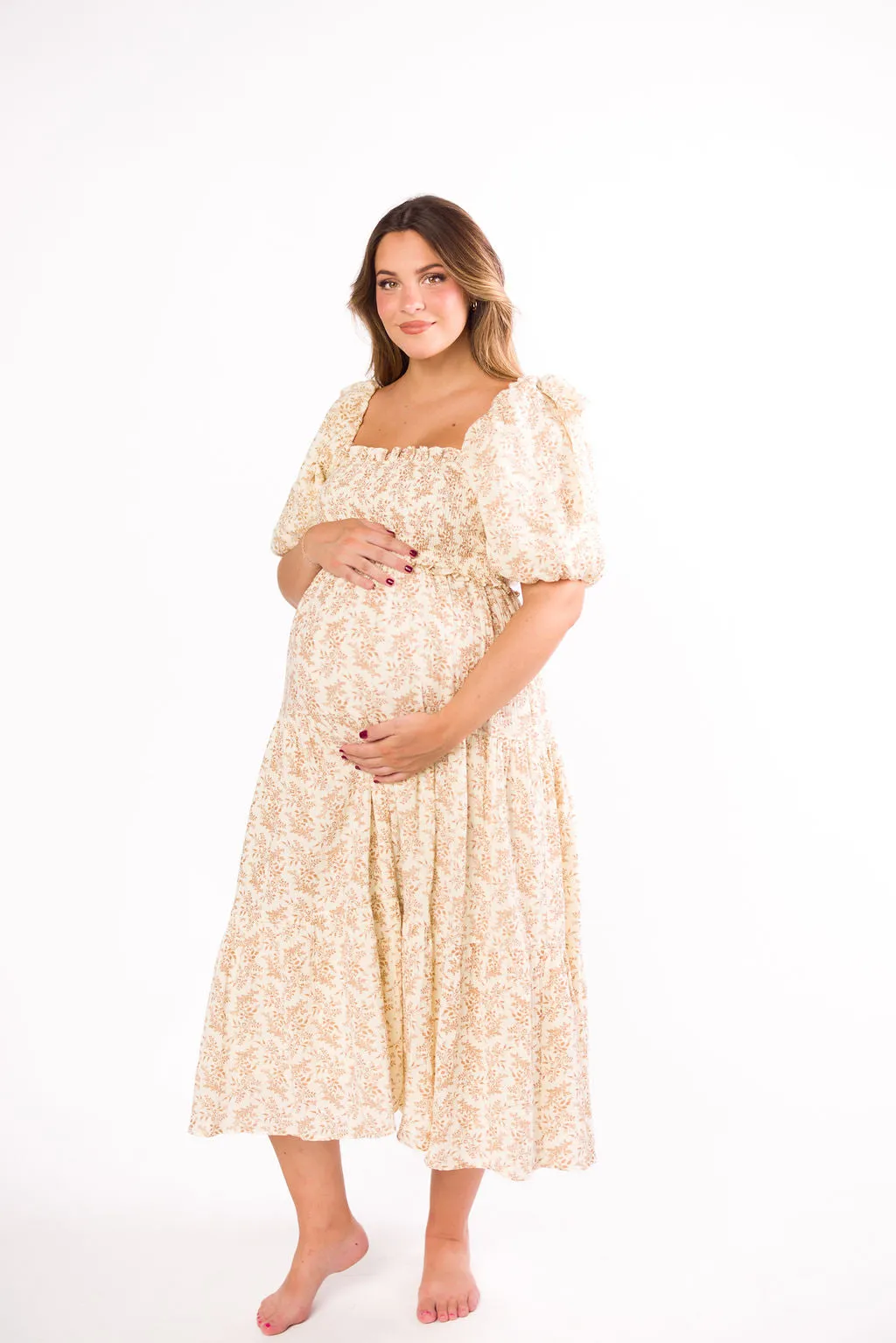 Elena 100% Cotton Toile Print Smocked Midi Dress in Light Brown- Bump Friendly