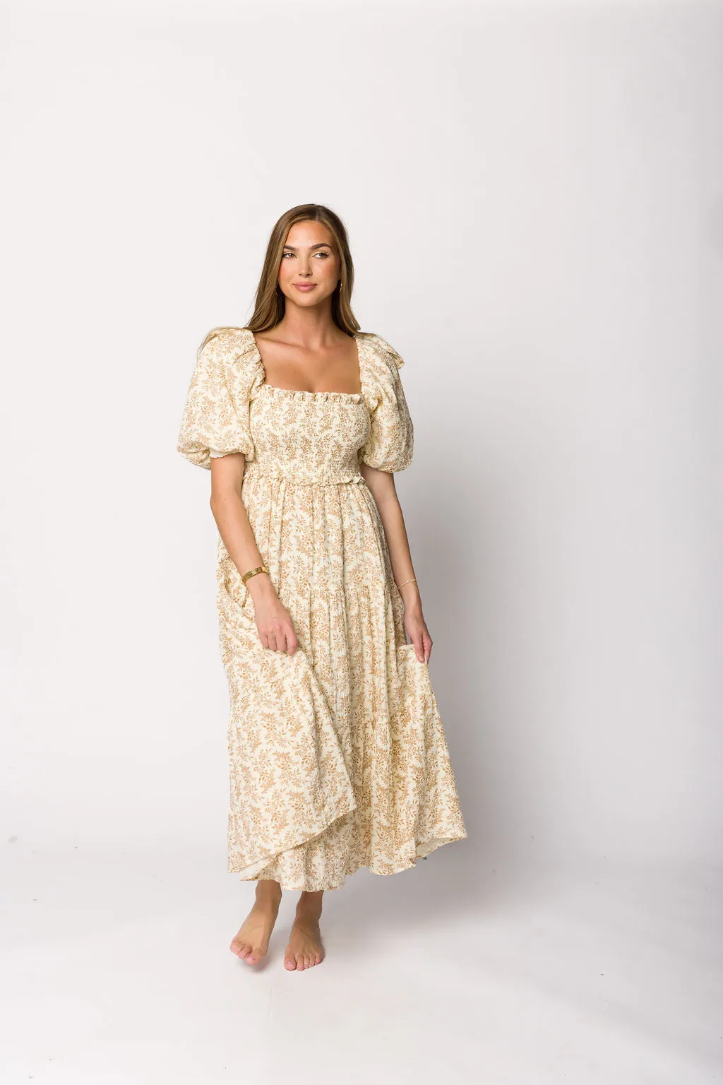 Elena 100% Cotton Toile Print Smocked Midi Dress in Light Brown- Bump Friendly