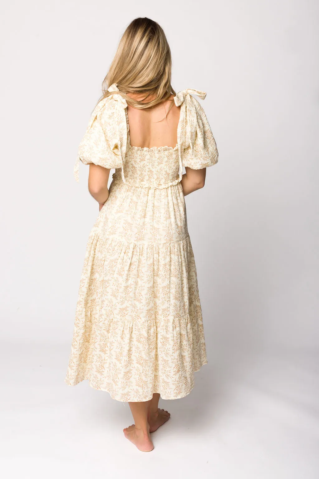 Elena 100% Cotton Toile Print Smocked Midi Dress in Light Brown- Bump Friendly
