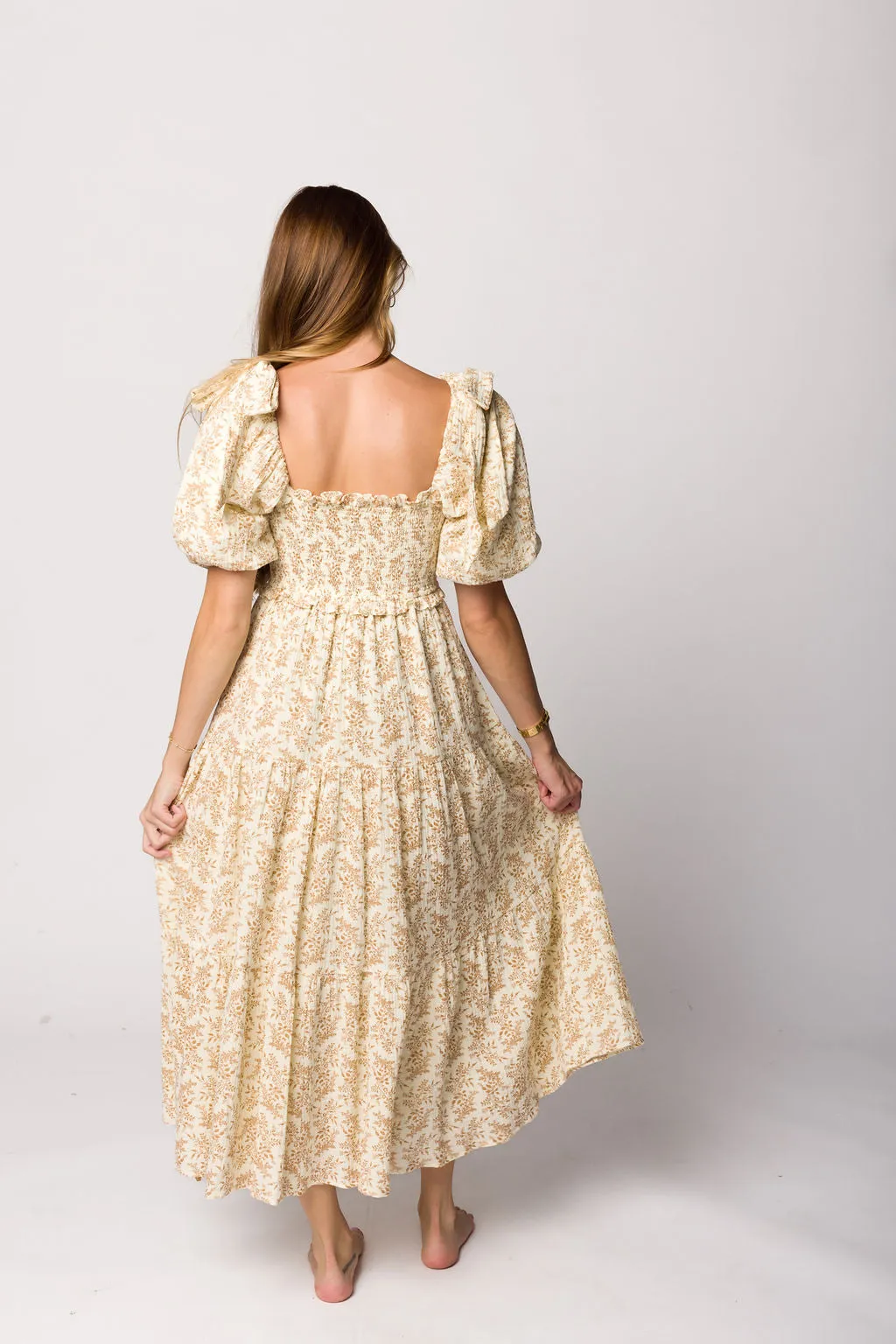 Elena 100% Cotton Toile Print Smocked Midi Dress in Light Brown- Bump Friendly