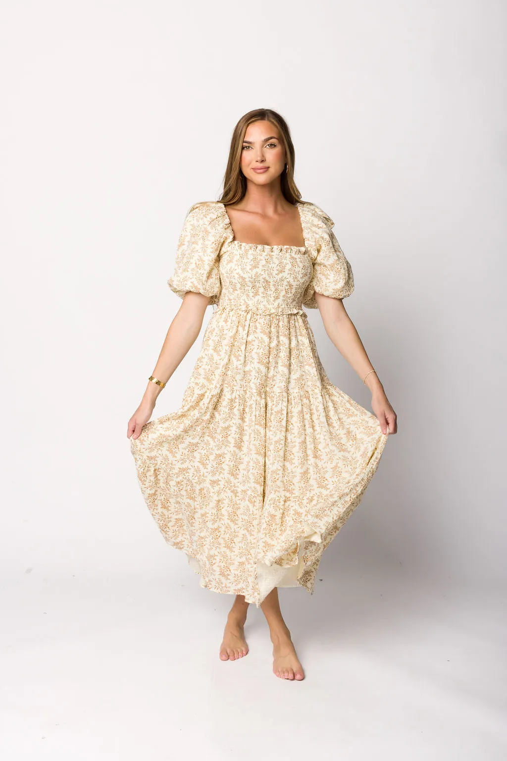 Elena 100% Cotton Toile Print Smocked Midi Dress in Light Brown- Bump Friendly