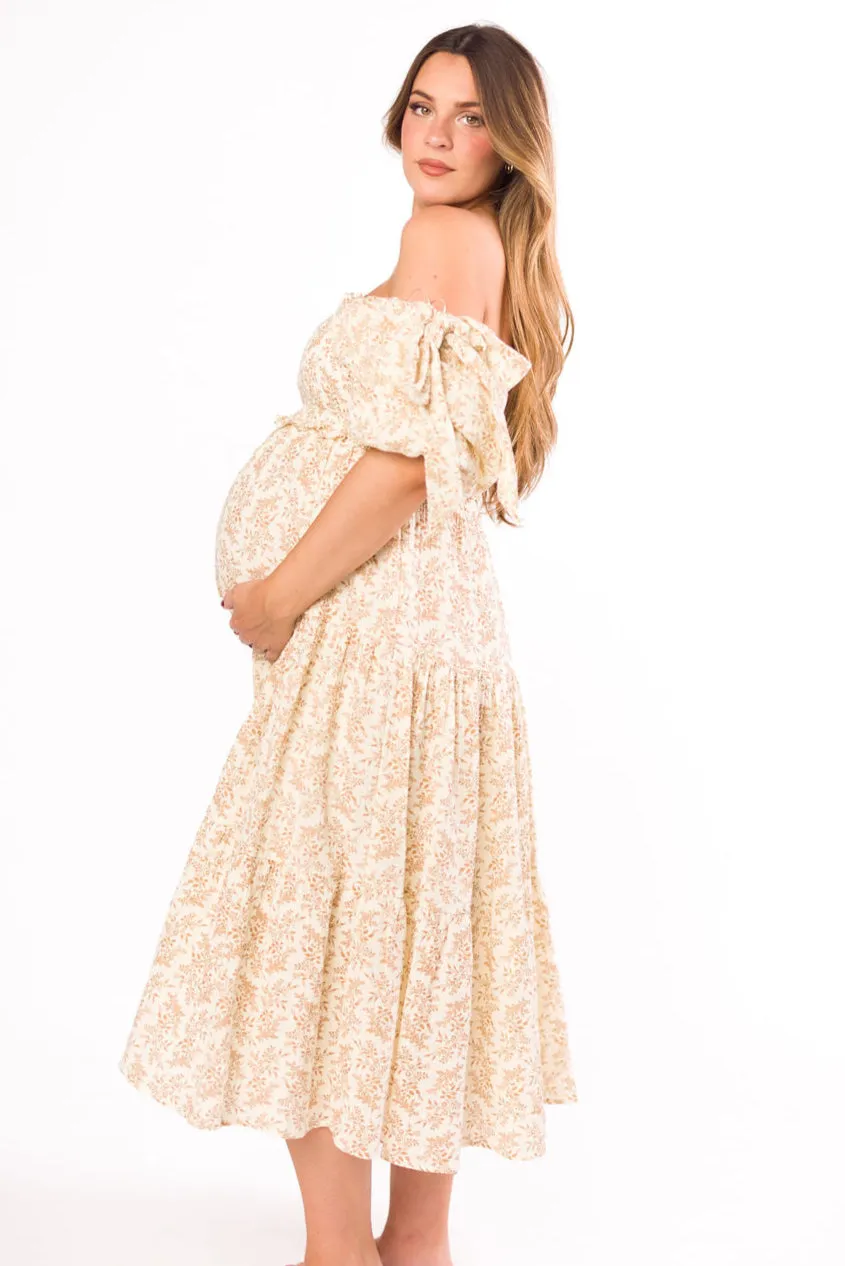 Elena 100% Cotton Toile Print Smocked Midi Dress in Light Brown- Bump Friendly